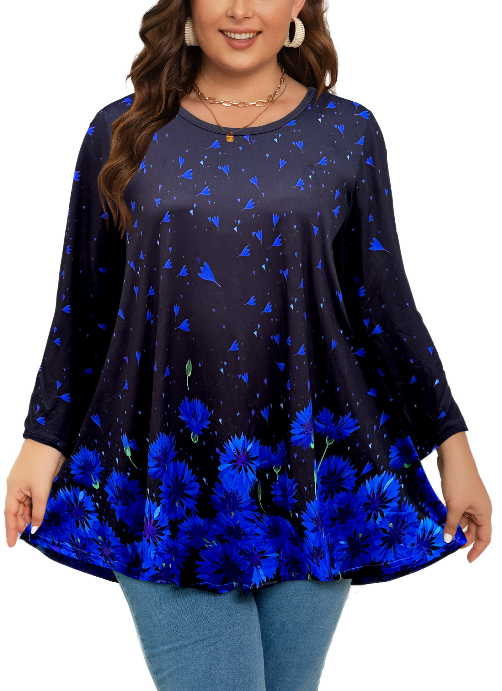 Womens Tunic 3/4 Sleeve Plus Size Tops Crew Neck Swing Flowy Loose Fit T-Shirt Blouses to Wear with Leggings