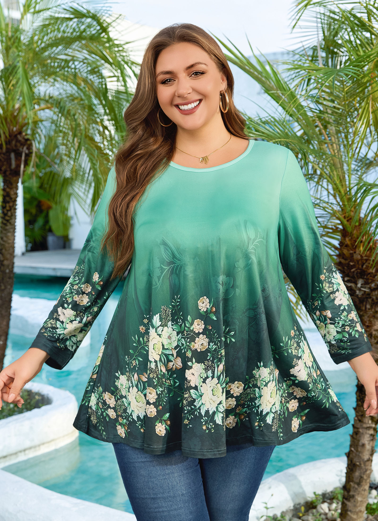 Tunic Tops for Women Plus Size 3/4 Sleeve Crew Neck Swing Flare Loose T-Shirt Blouses to Wear with Leggings