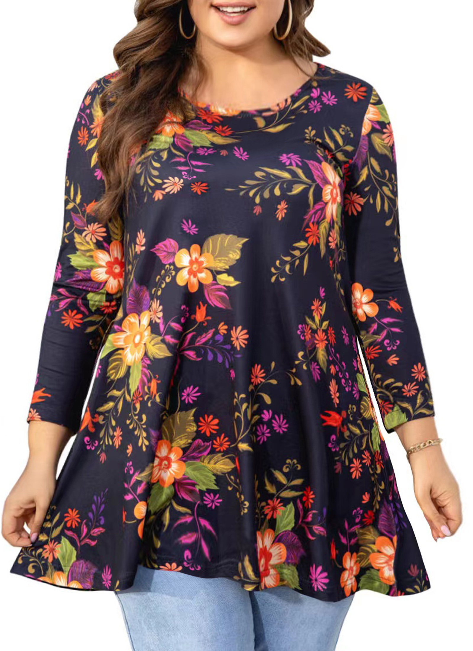 Womens Tunic Tops 3/4 Sleeve Plus Size Crew Neck Swing Flare Loose Fit T-Shirt Blouses to Wear with Leggings