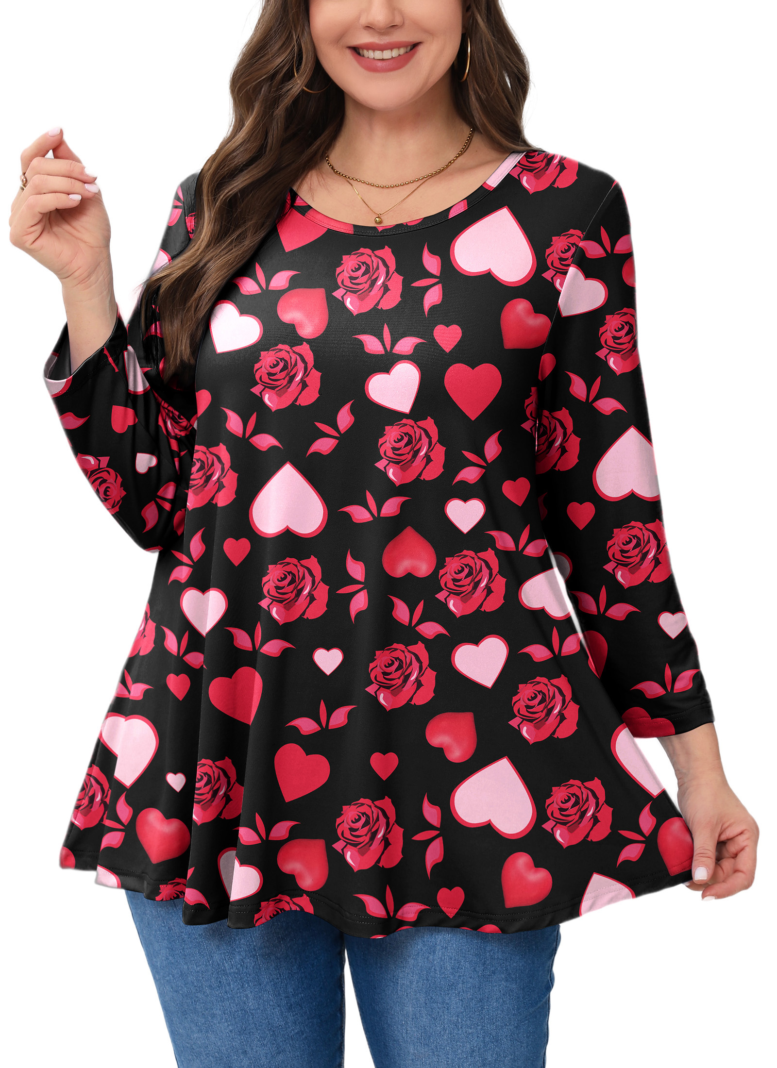 Womens Tunic 3/4 Sleeve Plus Size Tops Crew Neck Swing Flowy Loose Fit T-Shirt Blouses to Wear with Leggings