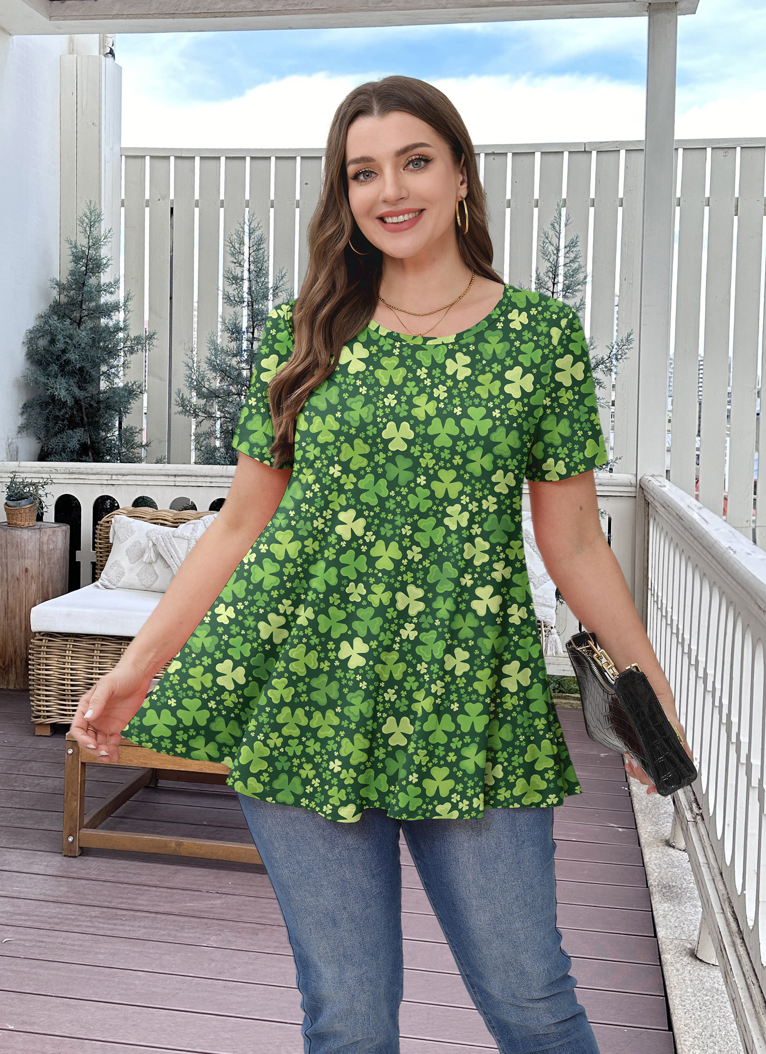 Tunic Tops for Women Plus Size 3/4 Sleeve Crew Neck Swing Flare Loose T-Shirt Blouses to Wear with Leggings Four-leaf clover
