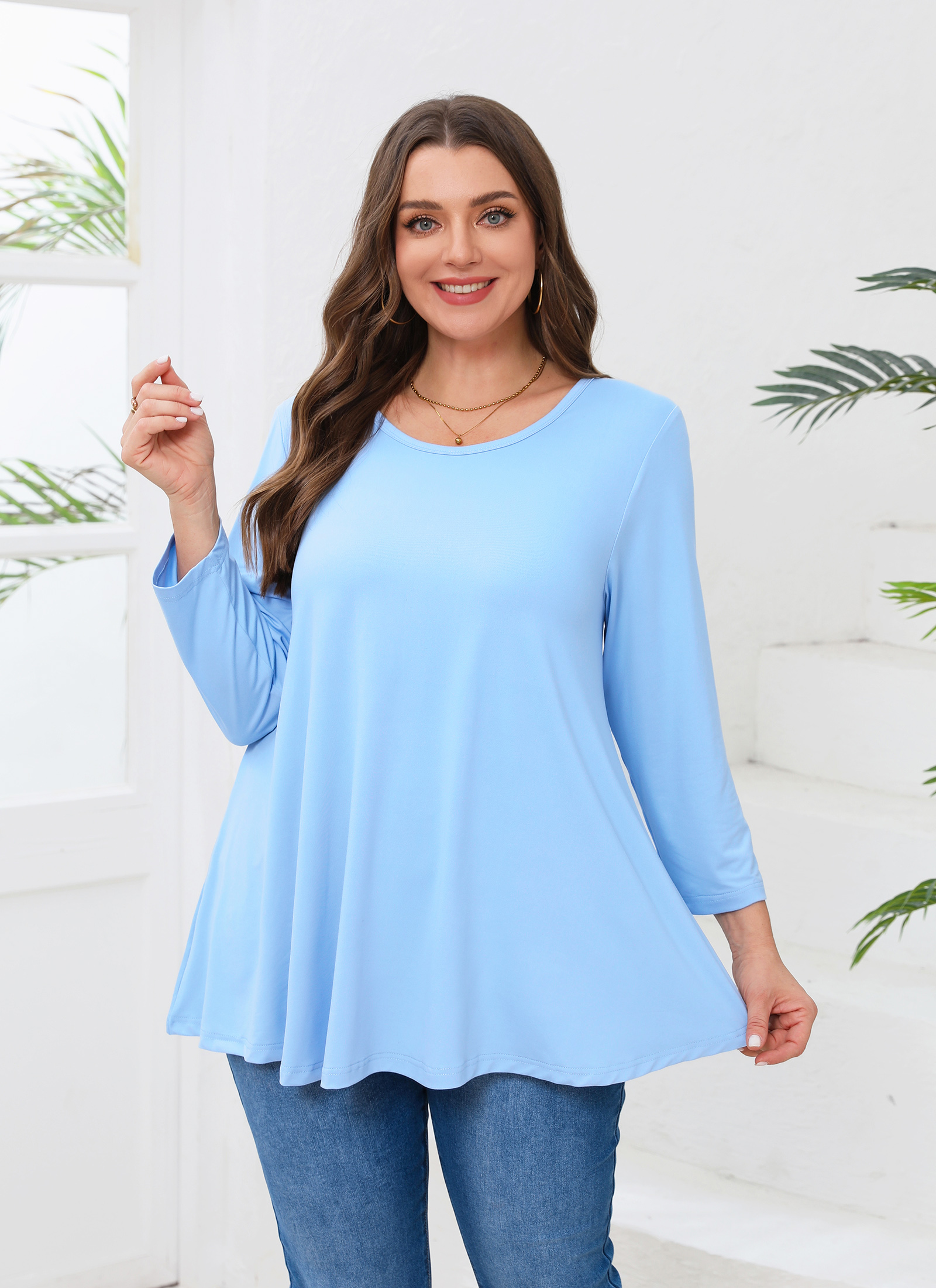 Womens Tunic 3/4 Sleeve Plus Size Tops Crew Neck Swing Flowy Loose Fit T-Shirt Blouses to Wear with Leggings