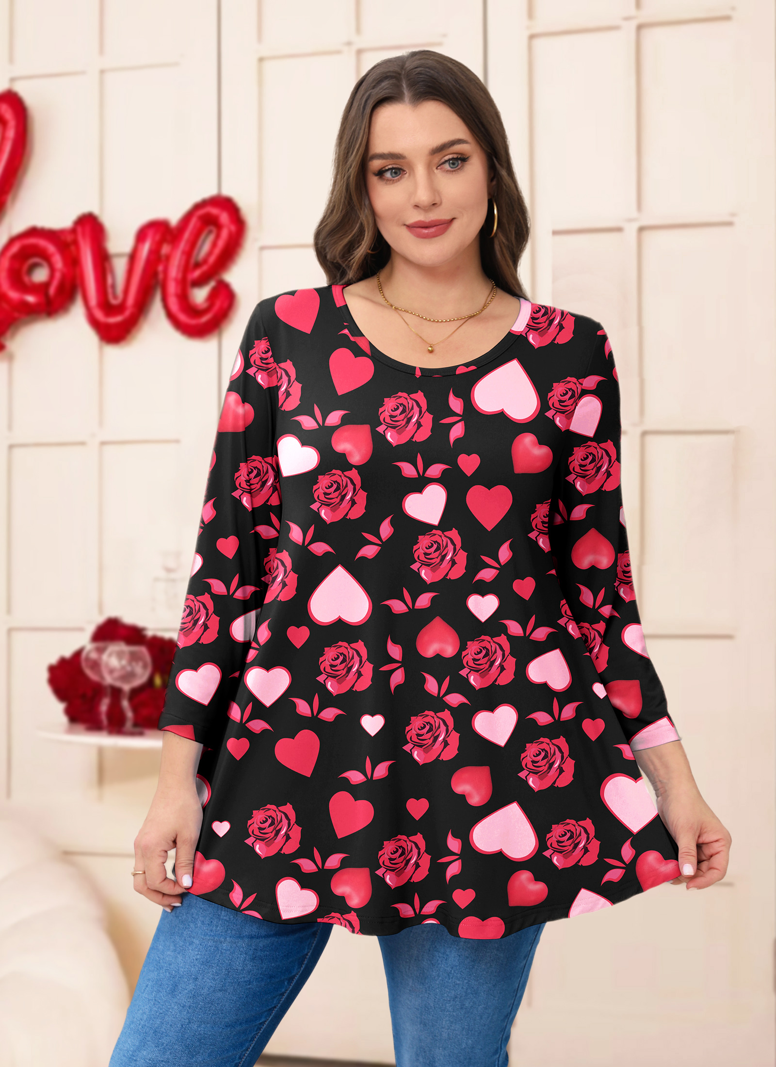 Womens Tunic 3/4 Sleeve Plus Size Tops Crew Neck Swing Flowy Loose Fit T-Shirt Blouses to Wear with Leggings