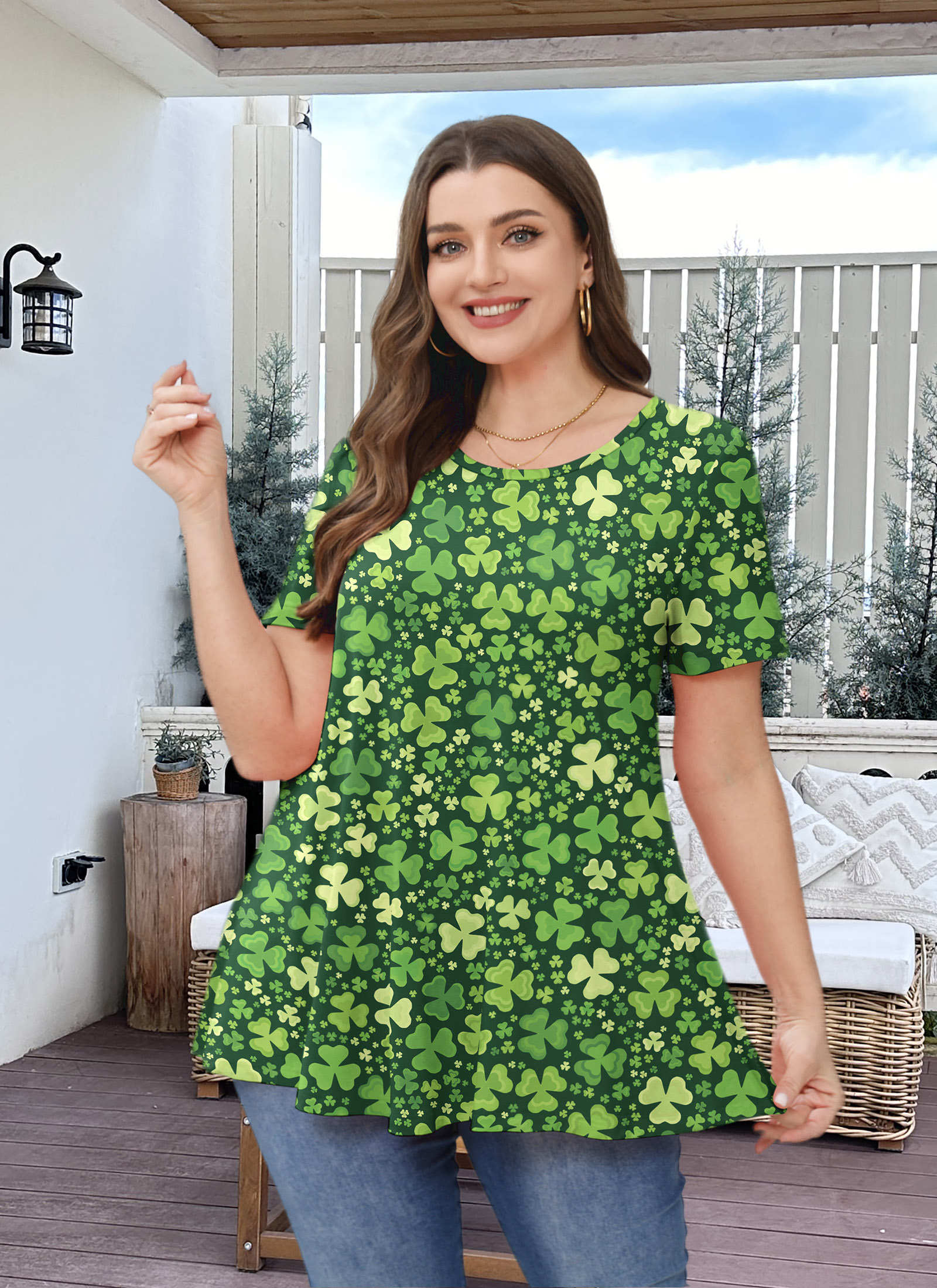 Tunic Tops for Women Plus Size 3/4 Sleeve Crew Neck Swing Flare Loose T-Shirt Blouses to Wear with Leggings Four-leaf clover