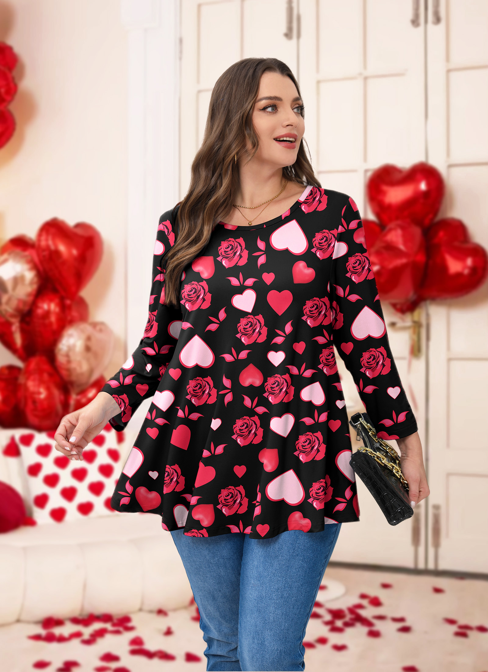 Womens Tunic 3/4 Sleeve Plus Size Tops Crew Neck Swing Flowy Loose Fit T-Shirt Blouses to Wear with Leggings