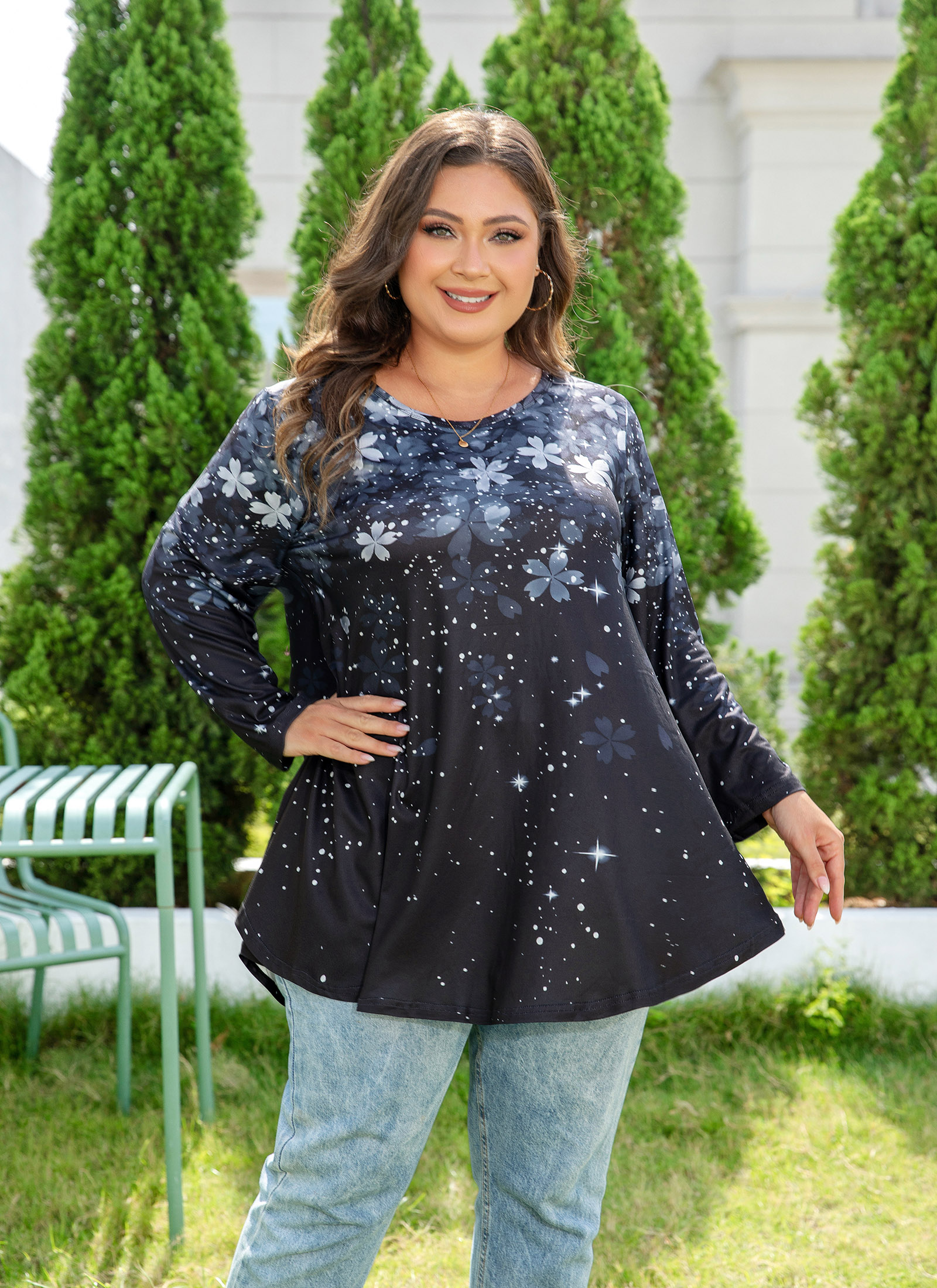 Womens Tunic 3/4 Sleeve Plus Size Tops Crew Neck Swing Flowy Loose Fit T-Shirt Blouses to Wear with Leggings