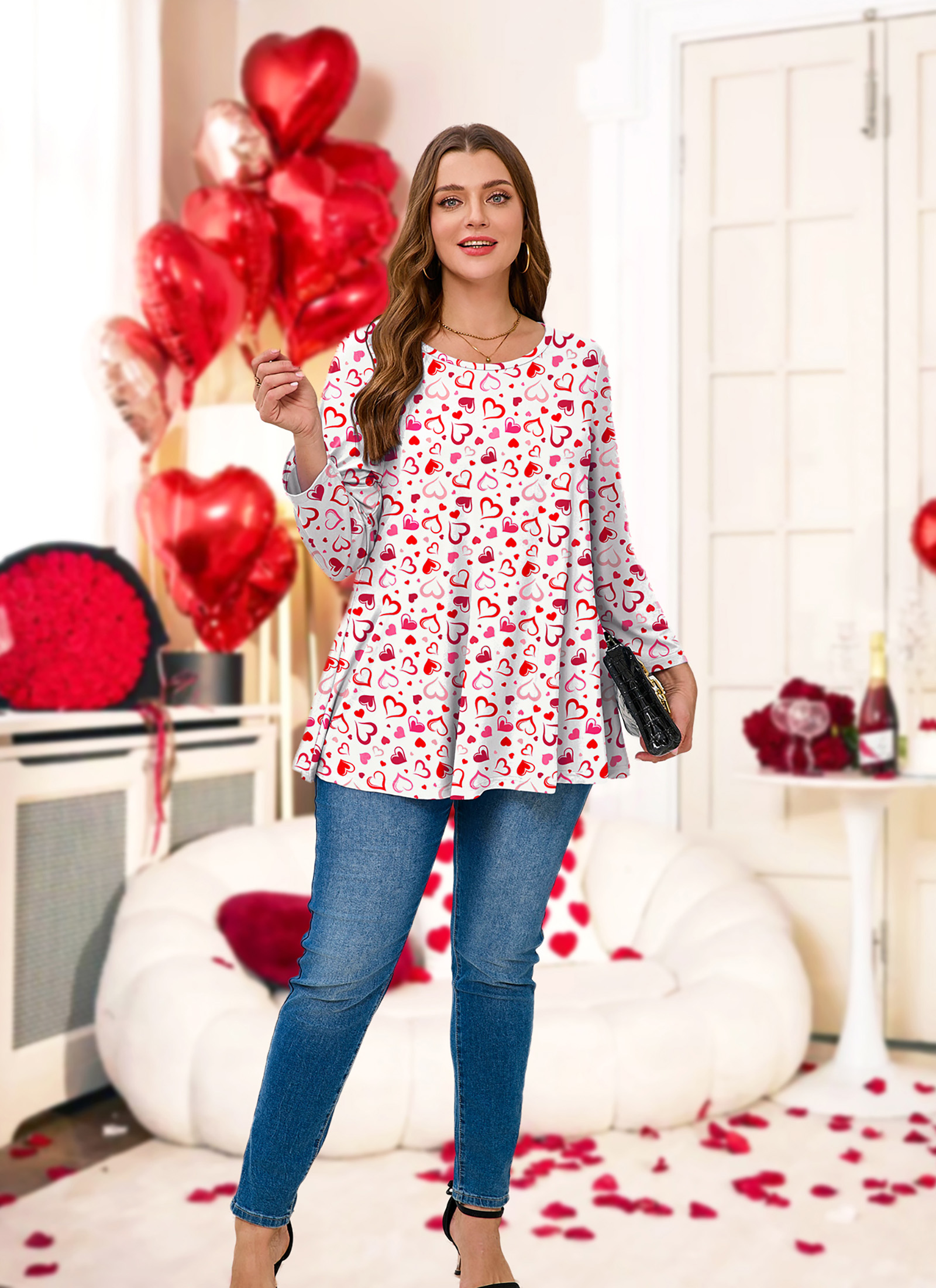 Womens Tunic 3/4 Sleeve Plus Size Tops Crew Neck Swing Flowy Loose Fit T-Shirt Blouses to Wear with Leggings