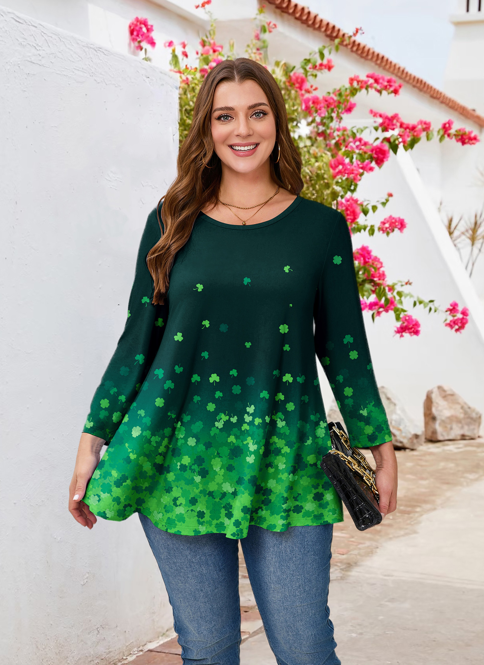 Tunic Tops for Women Plus Size 3/4 Sleeve Crew Neck Swing Flare Loose T-Shirt Blouses to Wear with Leggings Four-leaf clover