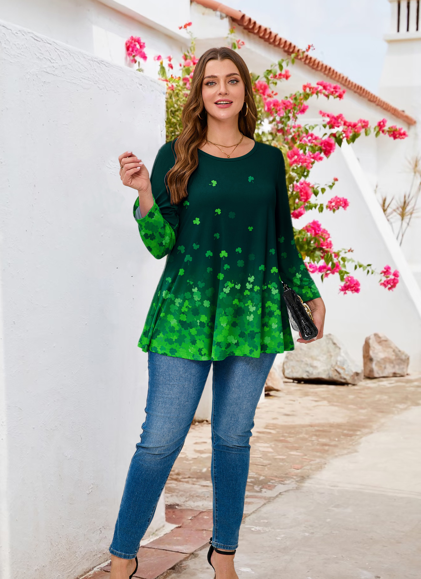 Tunic Tops for Women Plus Size 3/4 Sleeve Crew Neck Swing Flare Loose T-Shirt Blouses to Wear with Leggings Four-leaf clover