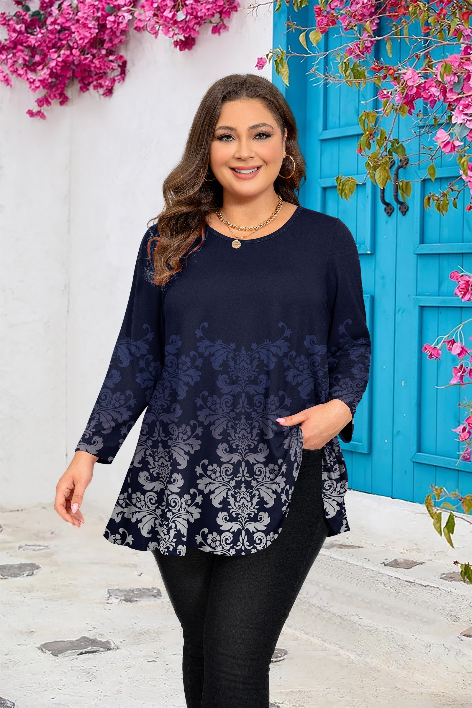 Womens Tunic 3/4 Sleeve Plus Size Tops Crew Neck Swing Flowy Loose Fit T-Shirt Blouses to Wear with Leggings