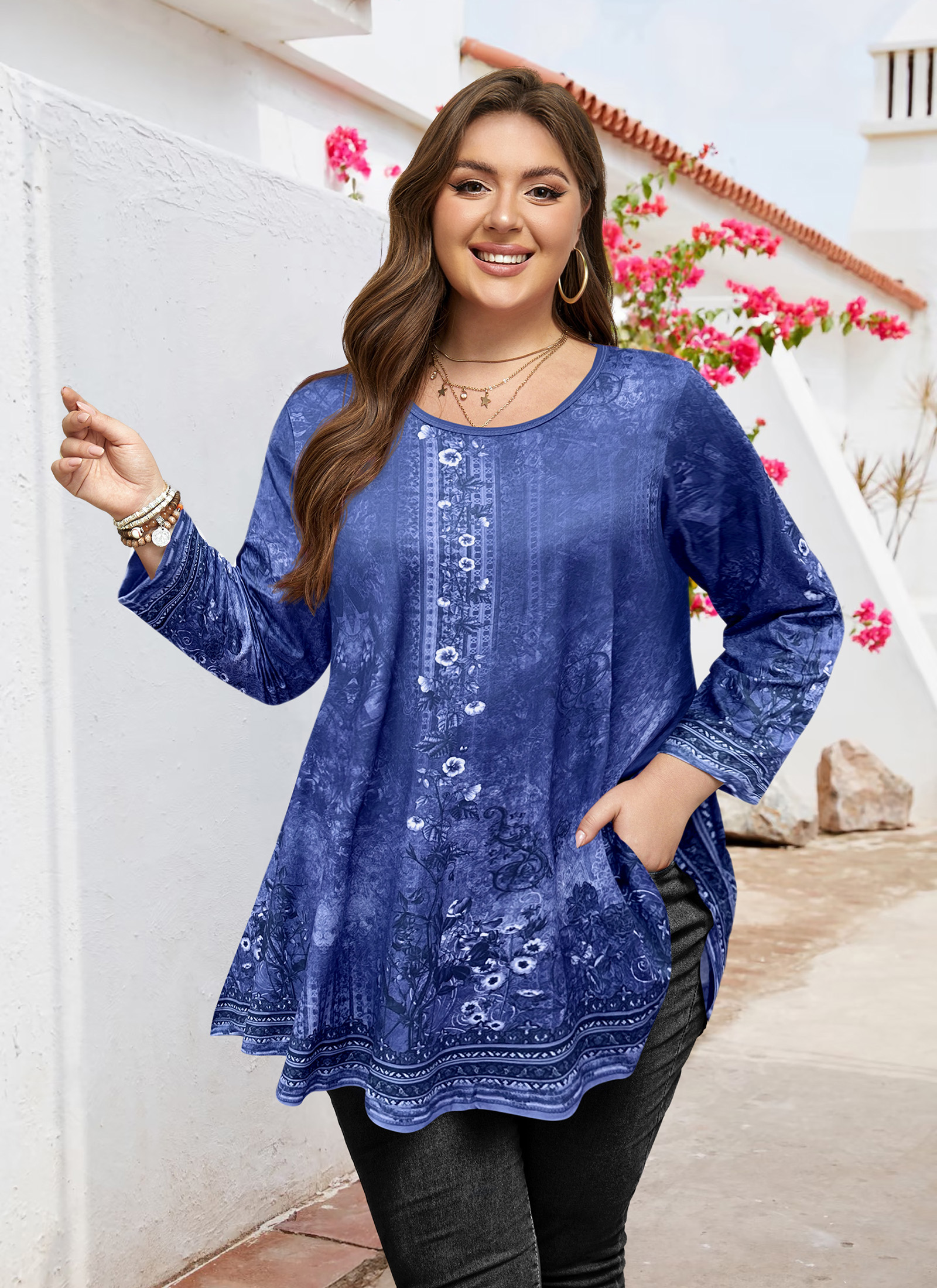 Tunic Tops for Women Plus Size 3/4 Sleeve Crew Neck Swing Flare Loose T-Shirt Blouses to Wear with Leggings