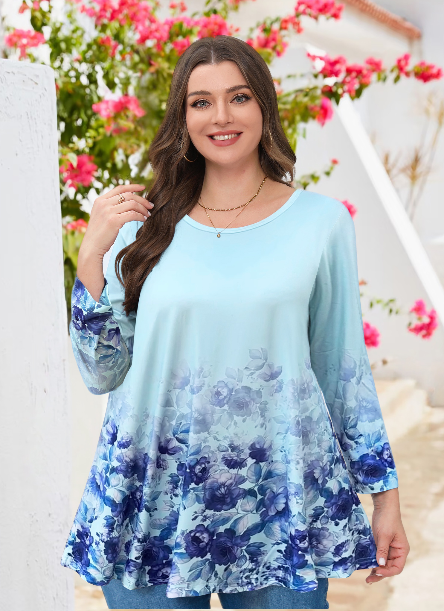 Tunic Tops for Women Plus Size 3/4 Sleeve Crew Neck Swing Flare Loose T-Shirt Blouses to Wear with Leggings