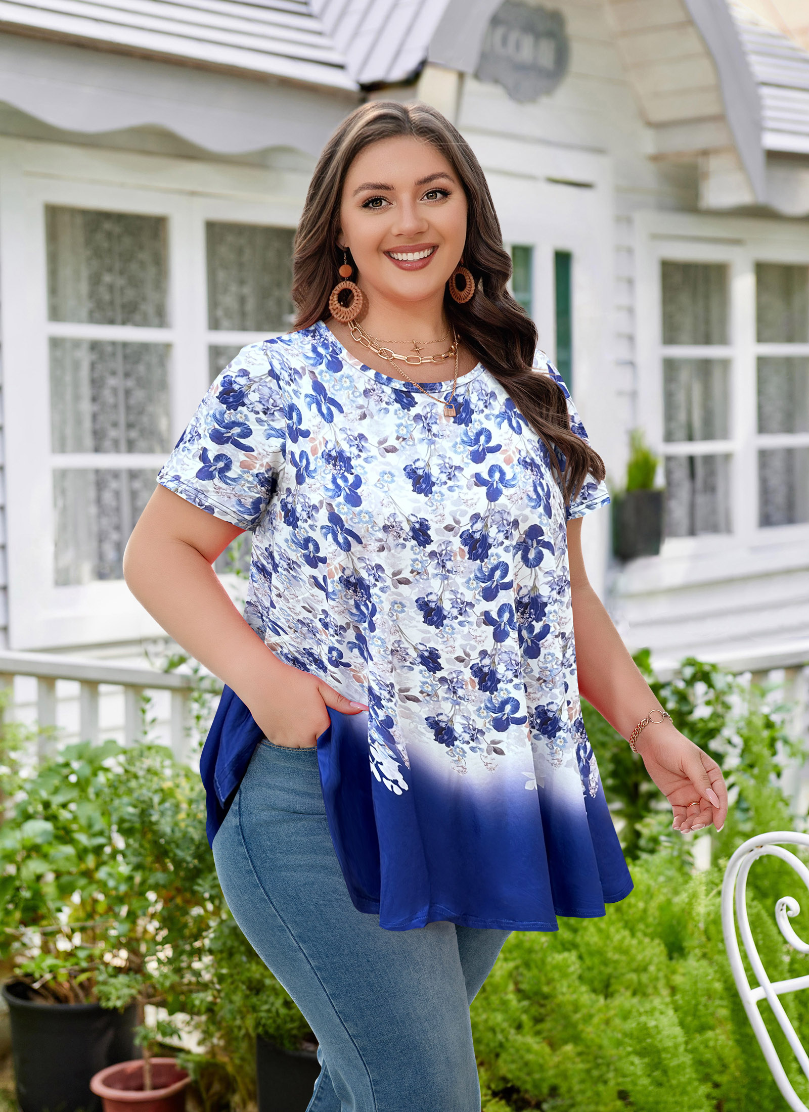 Tunic Tops for Women Plus Size Short Sleeve Crew Neck Swing Flare Loose T-Shirt Blouses to Wear with Leggings