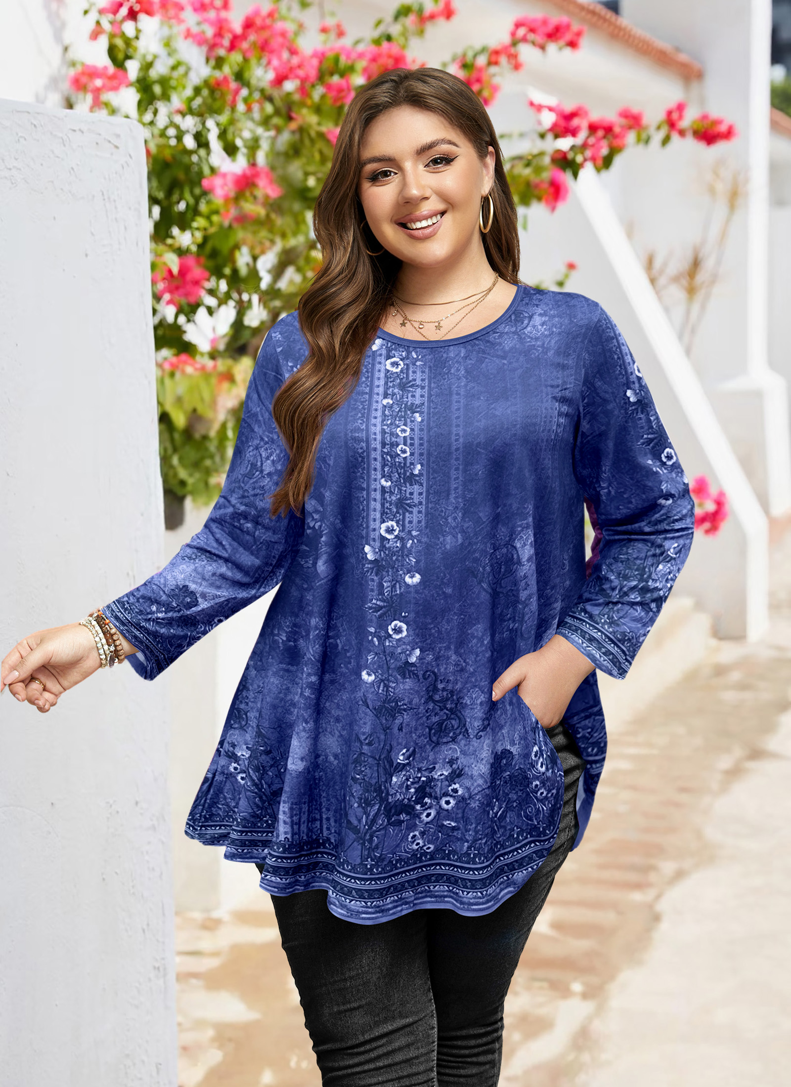 Tunic Tops for Women Plus Size 3/4 Sleeve Crew Neck Swing Flare Loose T-Shirt Blouses to Wear with Leggings