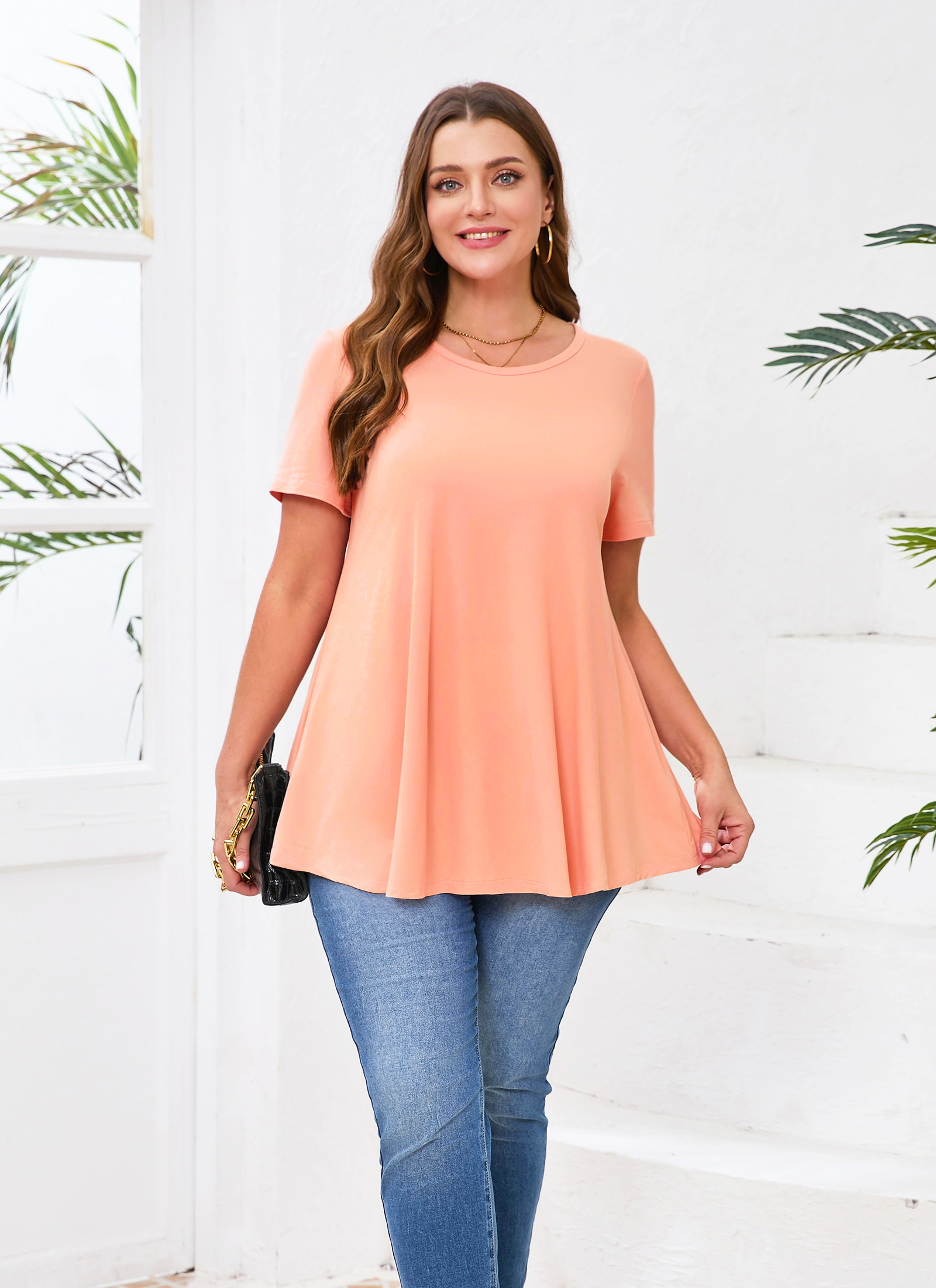 Tunic Tops for Women Plus Size Short Sleeve Crew Neck Swing Flare Loose T-Shirt Blouses to Wear with Leggings