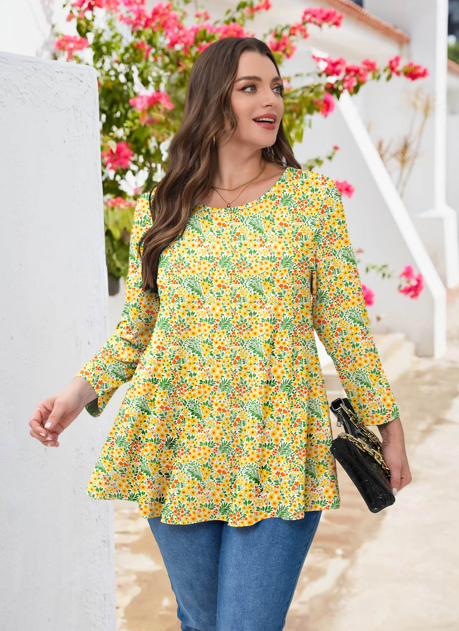 Tunic Tops for Women Plus Size 3/4 Sleeve Crew Neck Swing Flare Loose T-Shirt Blouses to Wear with Leggings