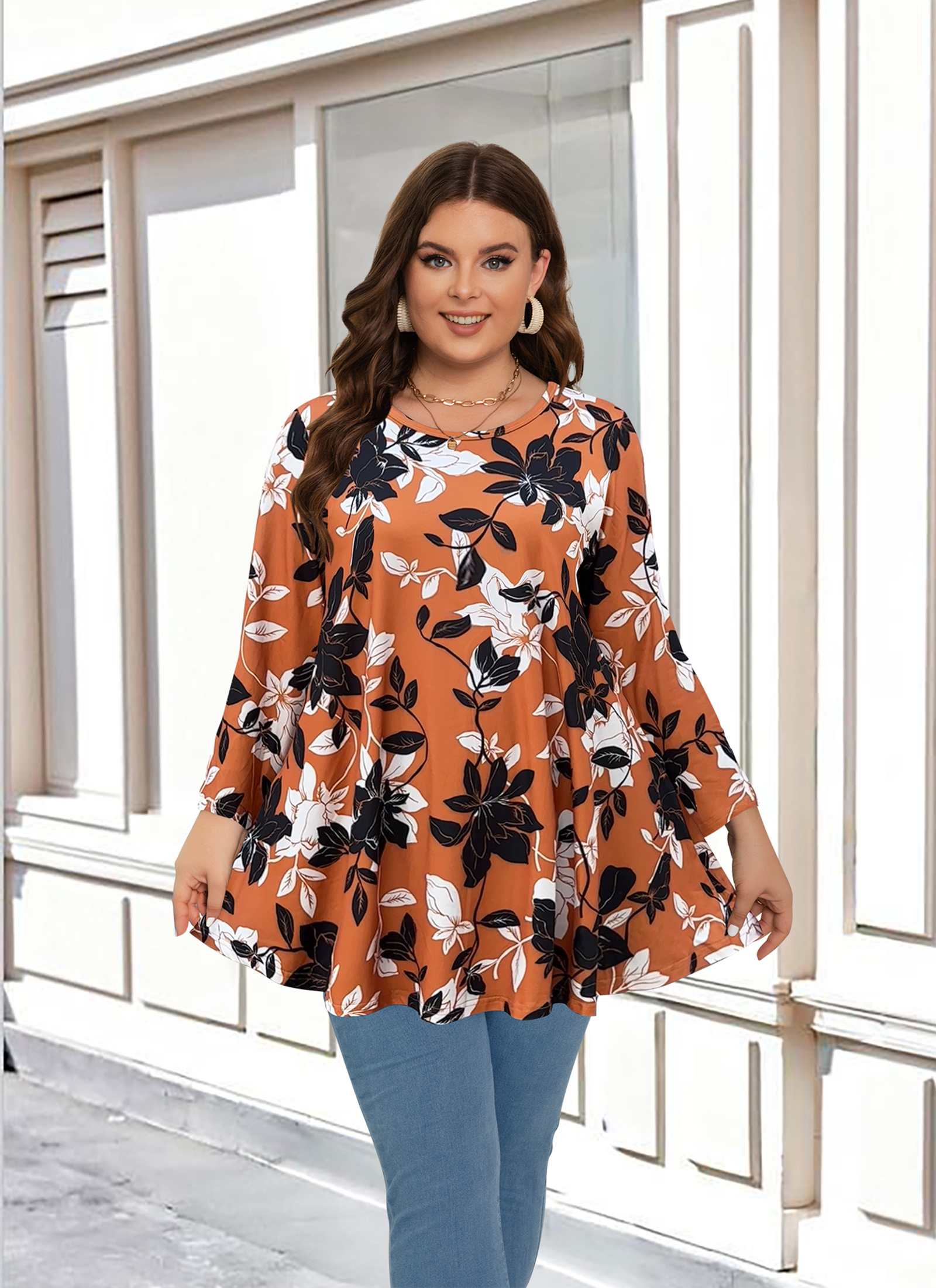 Tunic Tops for Women Plus Size 3/4 Sleeve Crew Neck Swing Flare Loose T-Shirt Blouses to Wear with Leggings  Burnt Orange Floral
