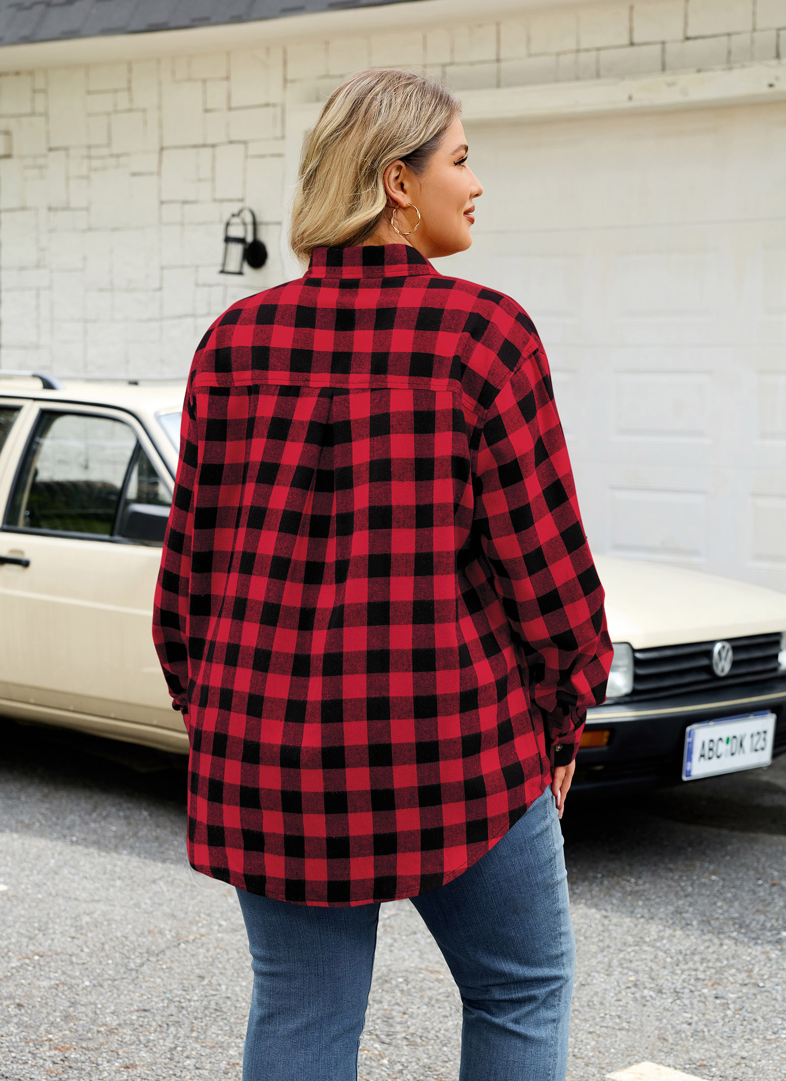 Womens Plus Size Flannel Shirts Long Sleeve Button Down Plaid Shirt Roll Up Oversize Checkered Blouse Top Fall E-01 Red Plaid Shirt