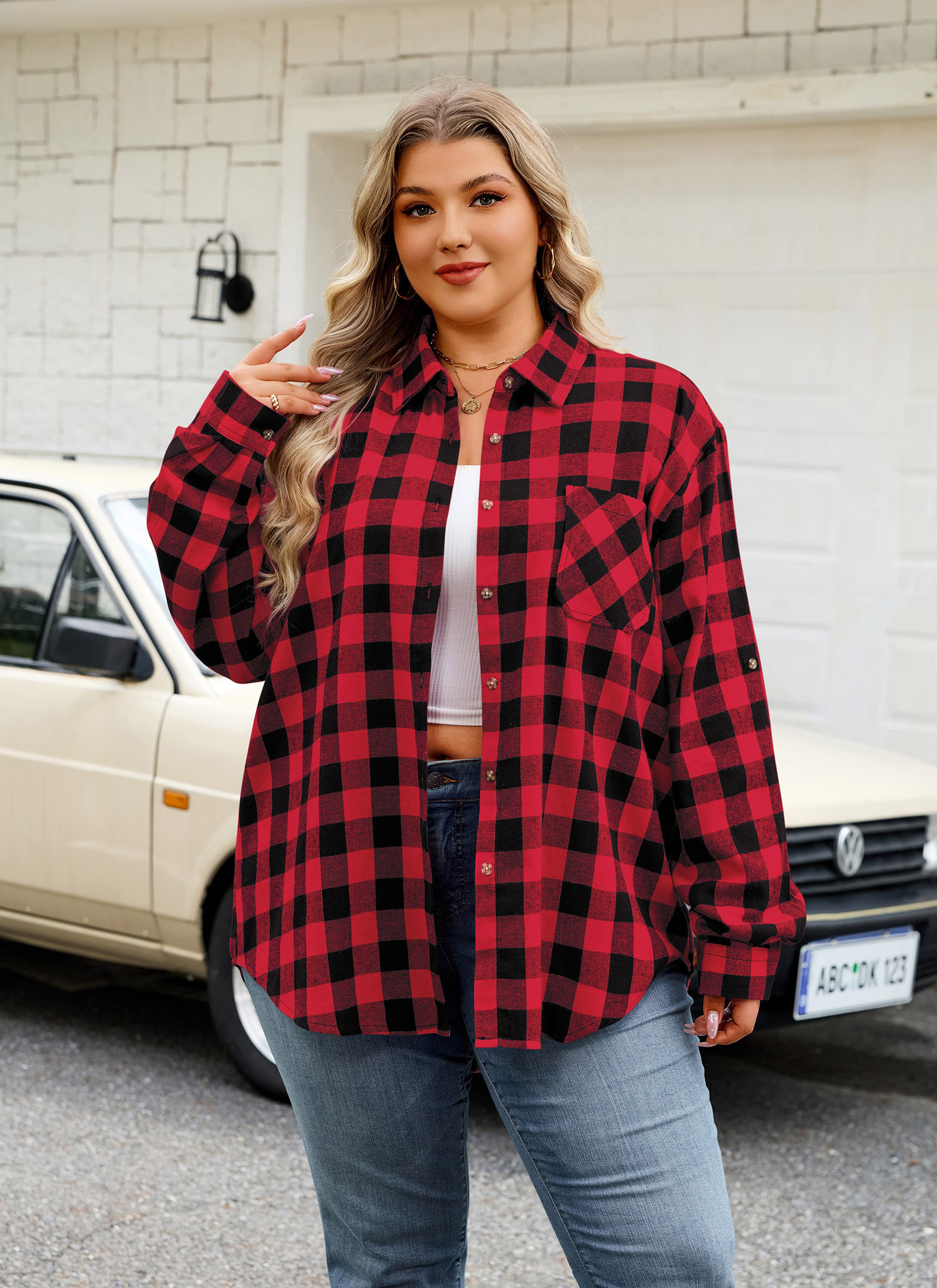 Womens Plus Size Flannel Shirts Long Sleeve Button Down Plaid Shirt Roll Up Oversize Checkered Blouse Top Fall E-01 Red Plaid Shirt