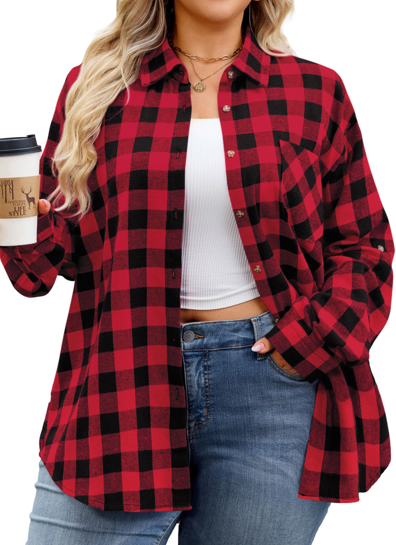 Womens Plus Size Flannel Shirts Long Sleeve Button Down Plaid Shirt Roll Up Oversize Checkered Blouse Top Fall E-01 Red Plaid Shirt