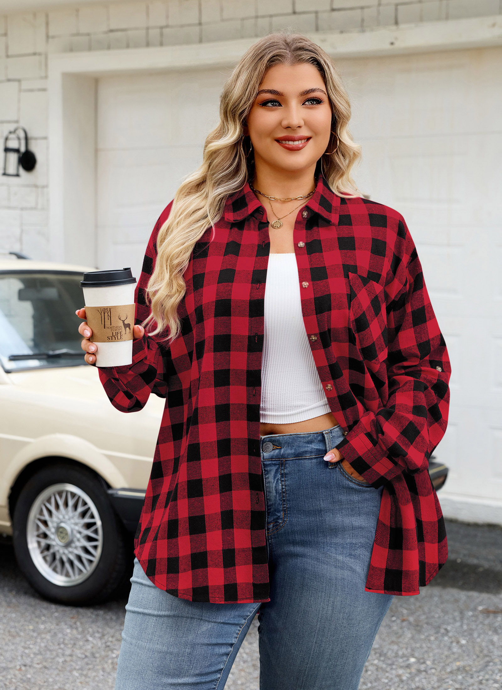 Womens Plus Size Flannel Shirts Long Sleeve Button Down Plaid Shirt Roll Up Oversize Checkered Blouse Top Fall E-01 Red Plaid Shirt