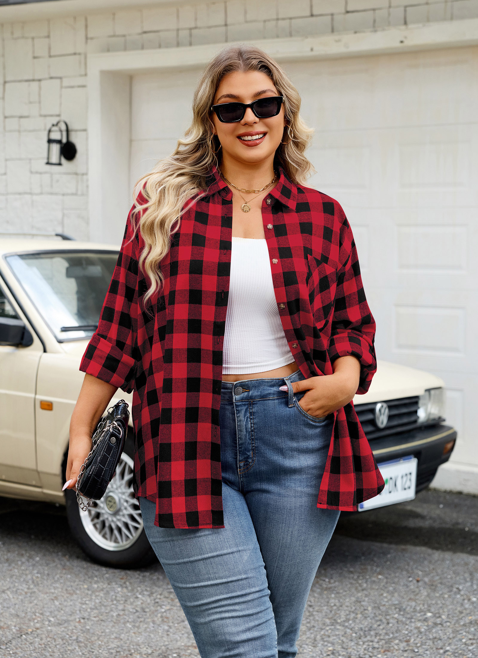 Womens Plus Size Flannel Shirts Long Sleeve Button Down Plaid Shirt Roll Up Oversize Checkered Blouse Top Fall E-01 Red Plaid Shirt