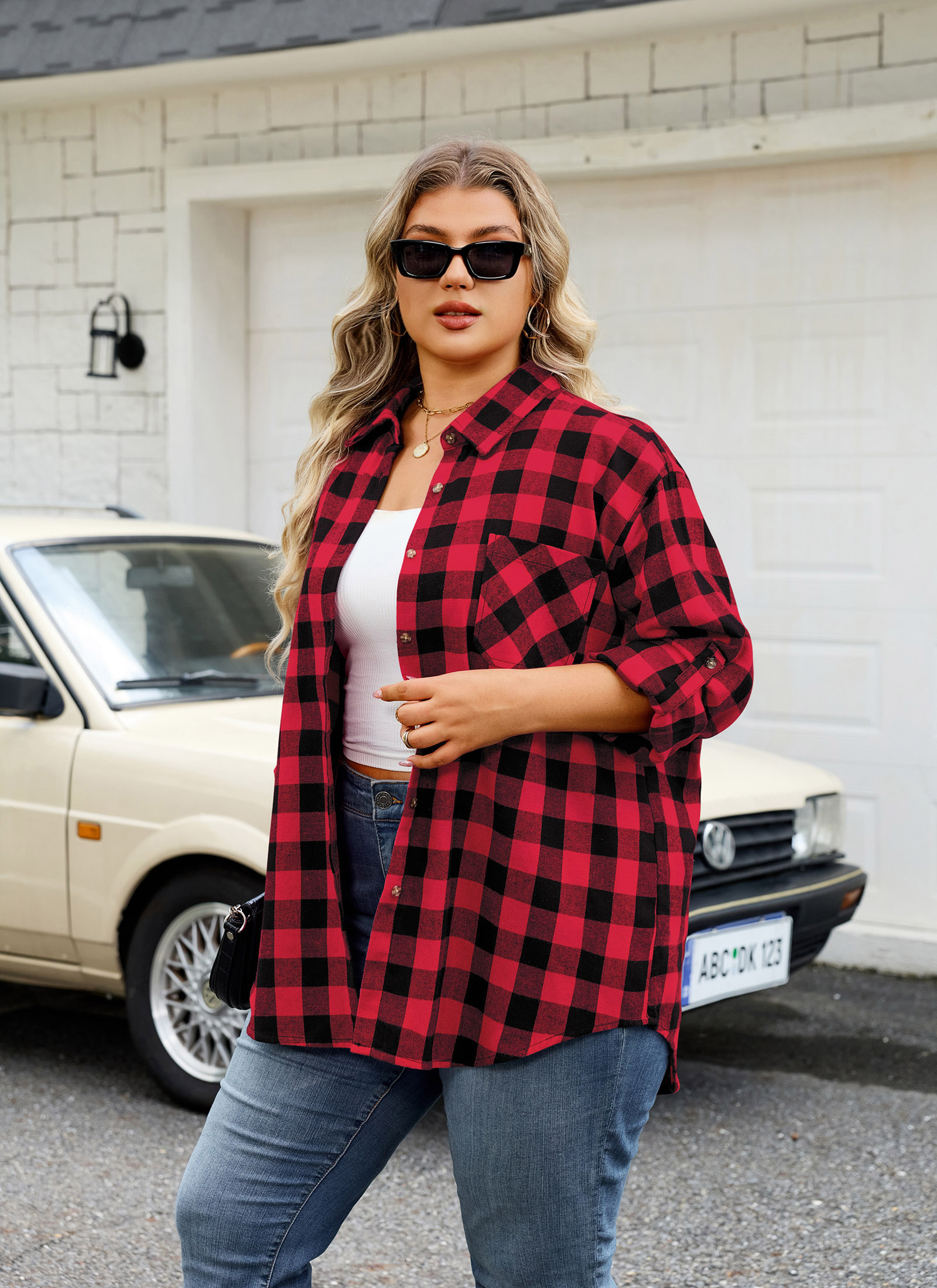 Womens Plus Size Flannel Shirts Long Sleeve Button Down Plaid Shirt Roll Up Oversize Checkered Blouse Top Fall E-01 Red Plaid Shirt
