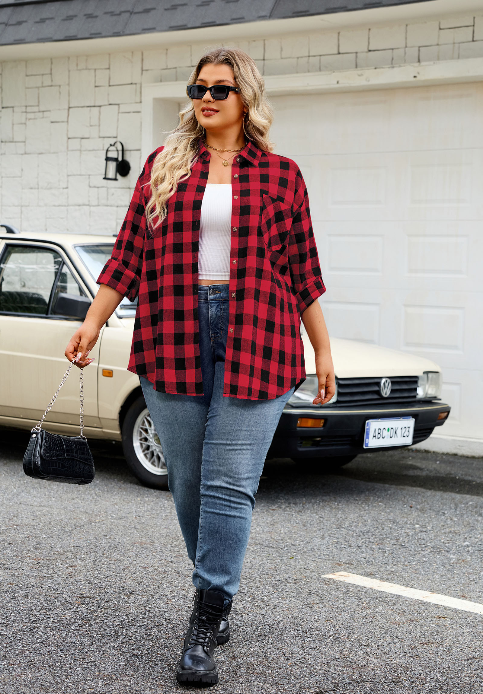 Womens Plus Size Flannel Shirts Long Sleeve Button Down Plaid Shirt Roll Up Oversize Checkered Blouse Top Fall E-01 Red Plaid Shirt