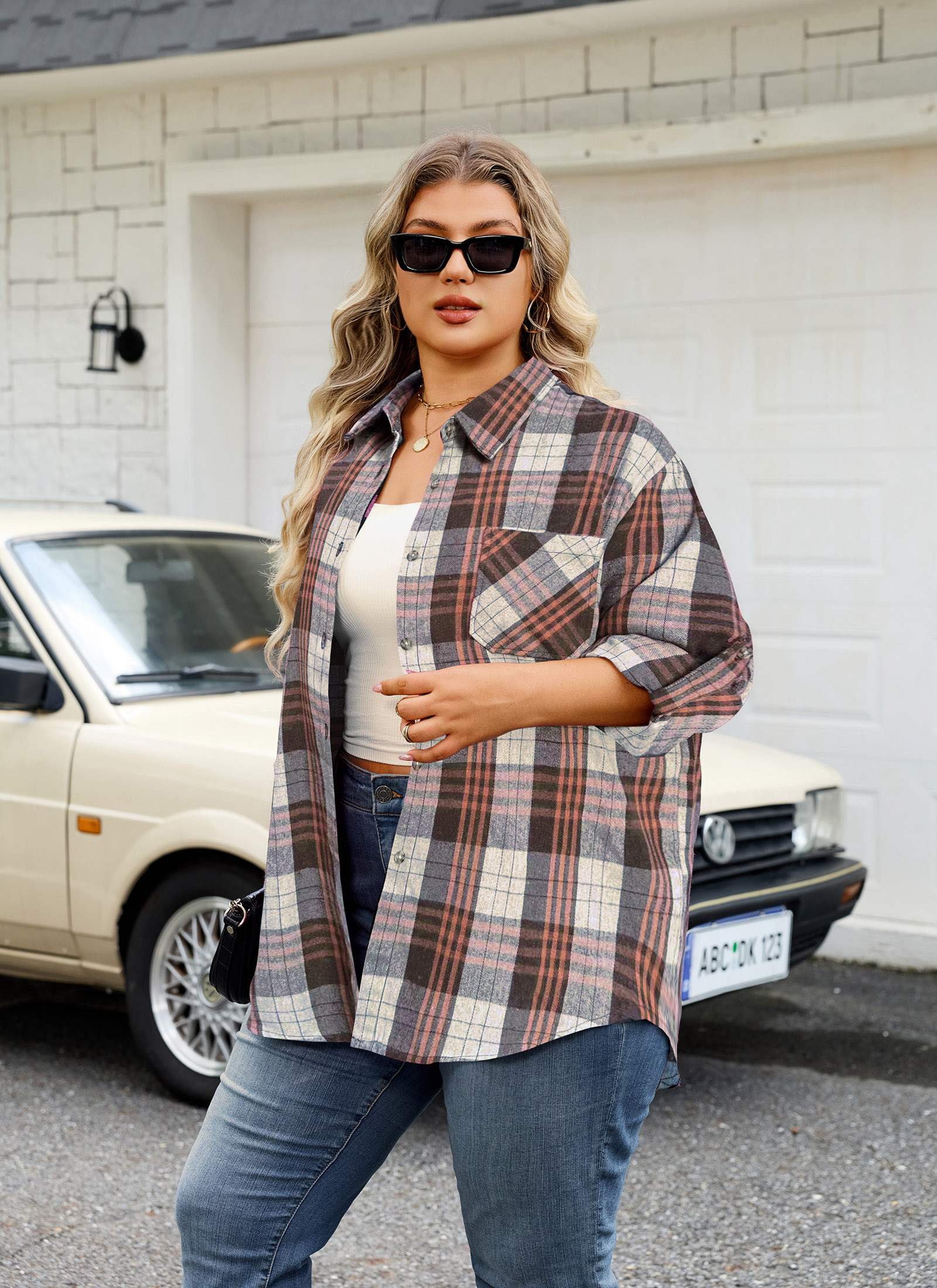 Womens Plus Size Flannel Shirts Long Sleeve Button Down Plaid Shirt Roll Up Oversize Checkered Blouse Top Fall G-02 Brown Plaid Shirts