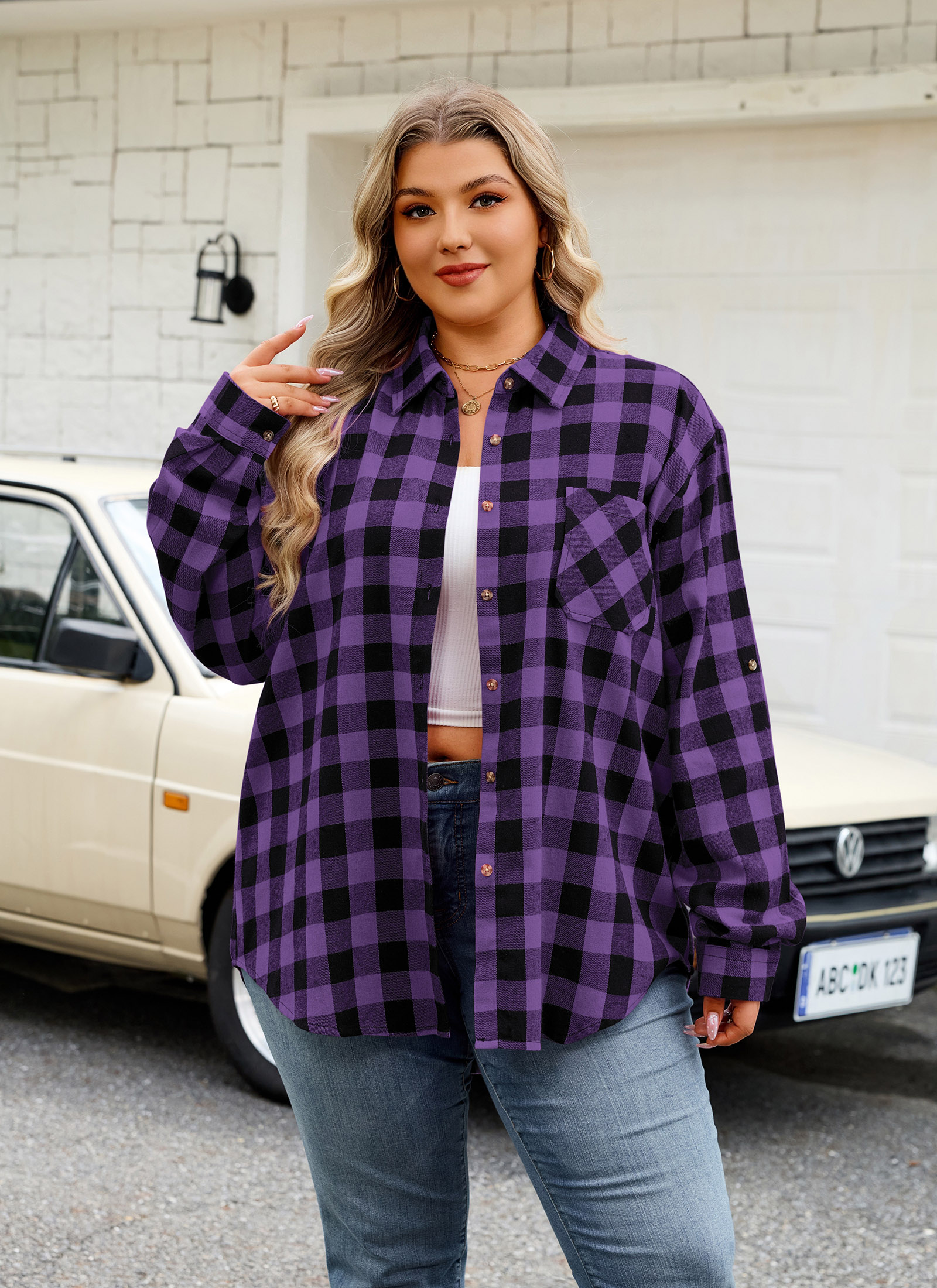 Womens Plus Size Flannel Shirts Long Sleeve Button Down Plaid Shirt Roll Up Oversize Checkered Blouse Top Fall C-01 Purple Flannel Shirt