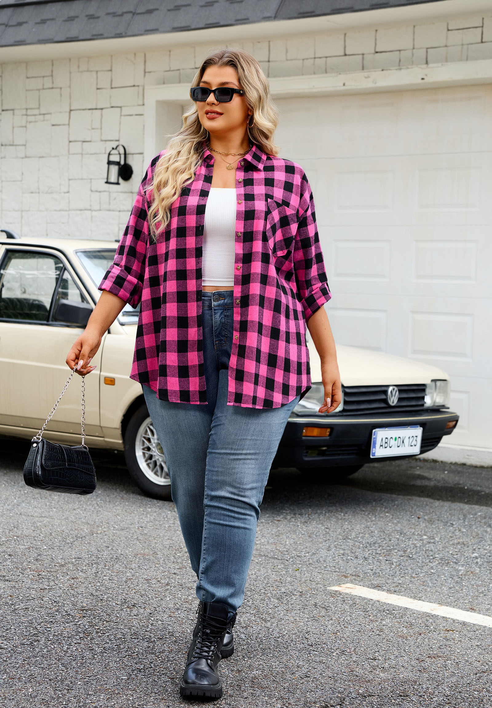Womens Plus Size Flannel Shirts Long Sleeve Button Down Plaid Shirt Roll Up Oversize Checkered Blouse Top Fall A-03 Hot Pink Flannel Plaid Shirt