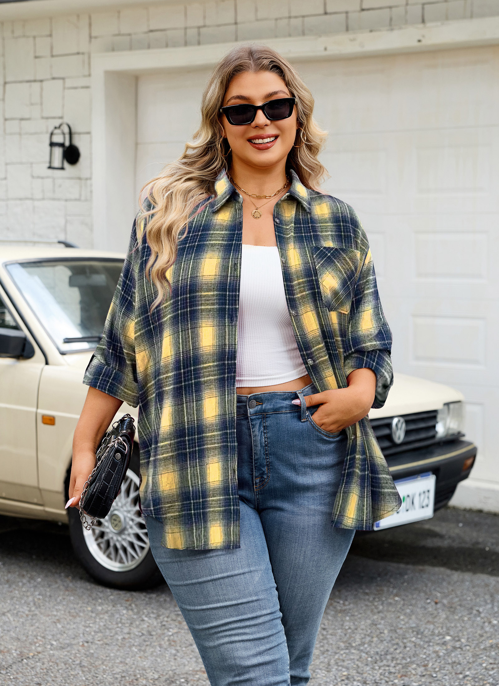 Womens Plus Size Flannel Shirts Long Sleeve Button Down Plaid Shirt Roll Up Oversize Checkered Blouse Top Fall G-01 Yellow Flannel Shirt