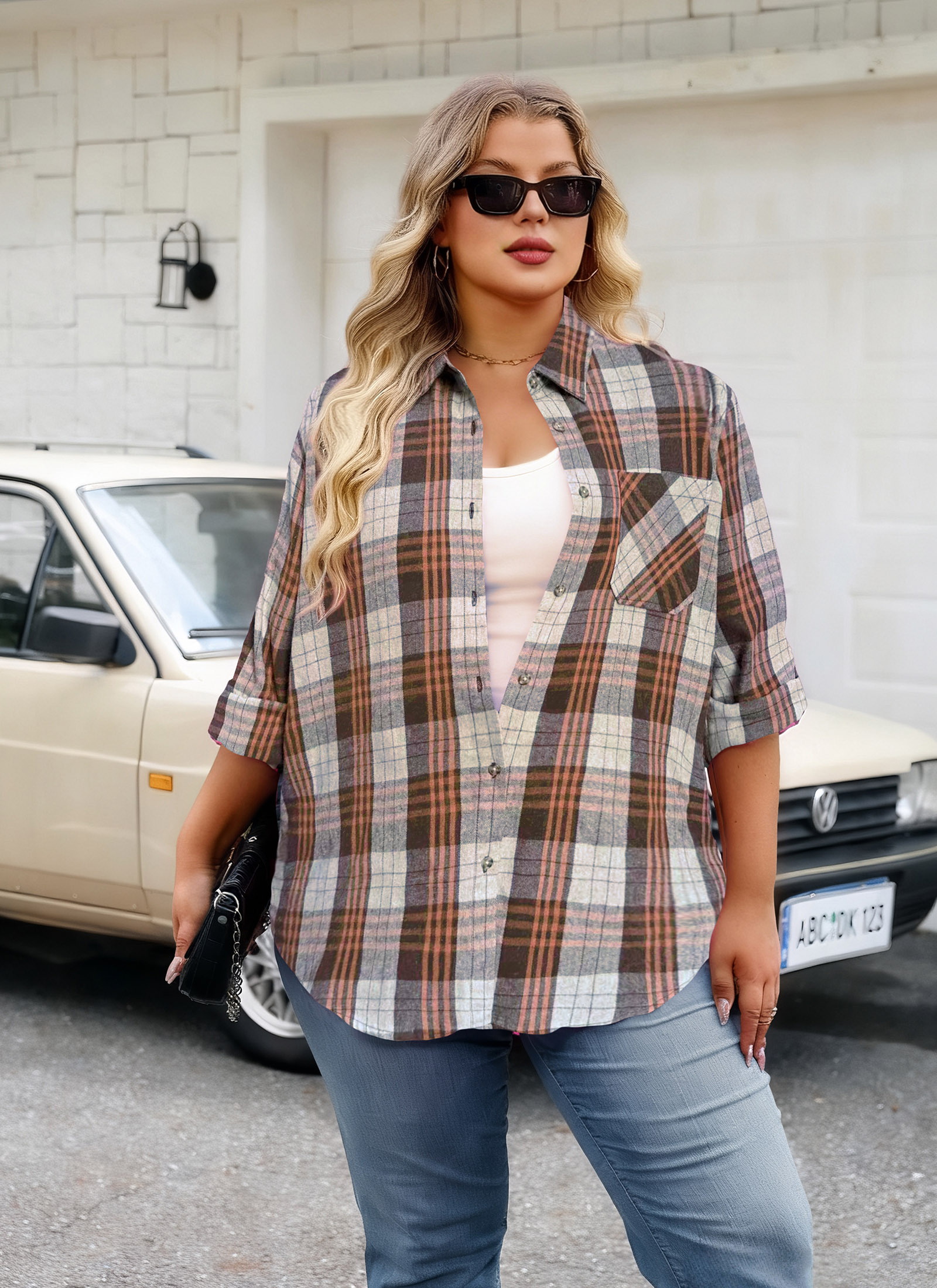 Womens Plus Size Flannel Shirts Long Sleeve Button Down Plaid Shirt Roll Up Oversize Checkered Blouse Top Fall G-02 Brown Plaid Shirts