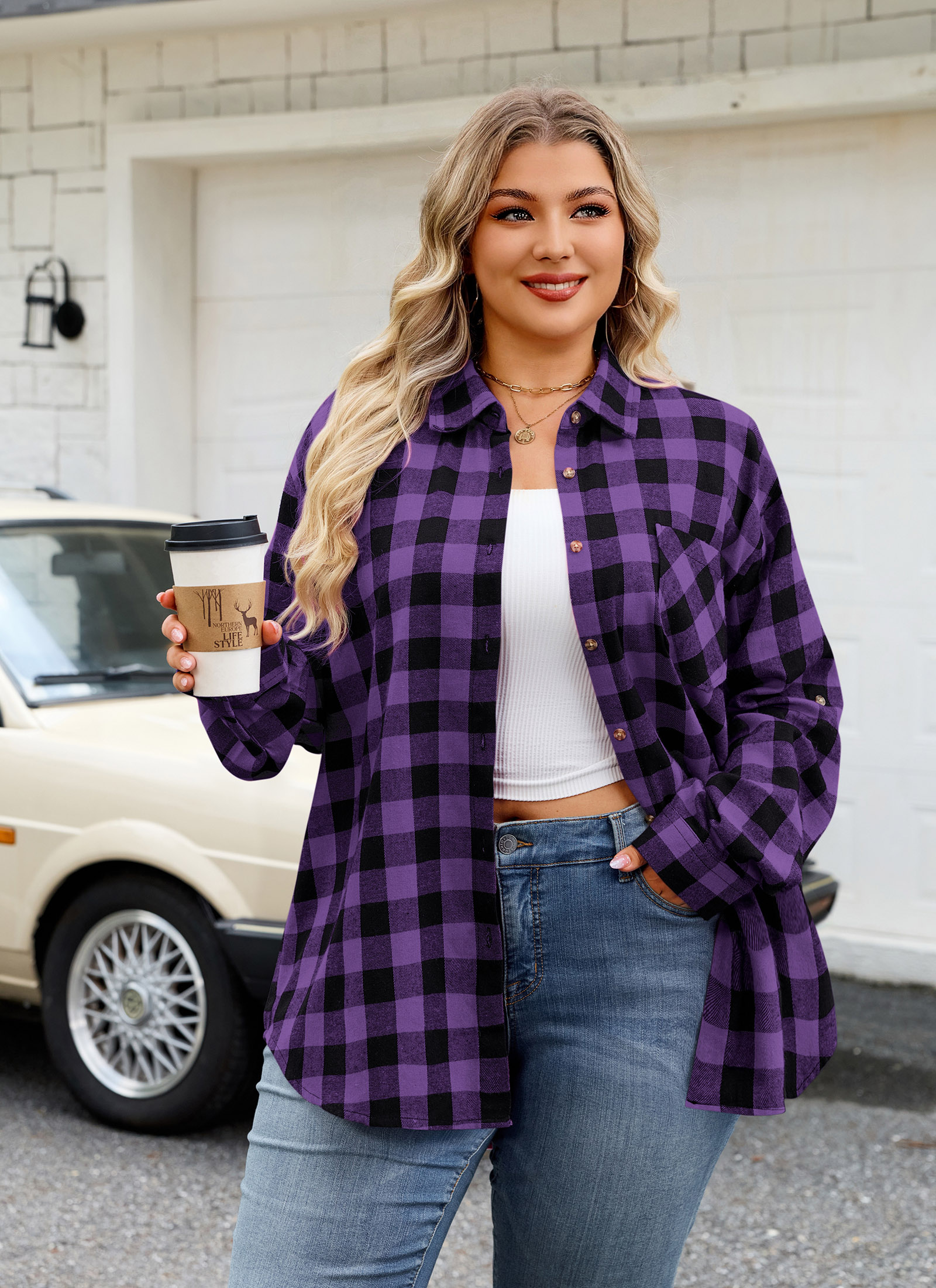 Womens Plus Size Flannel Shirts Long Sleeve Button Down Plaid Shirt Roll Up Oversize Checkered Blouse Top Fall C-01 Purple Flannel Shirt