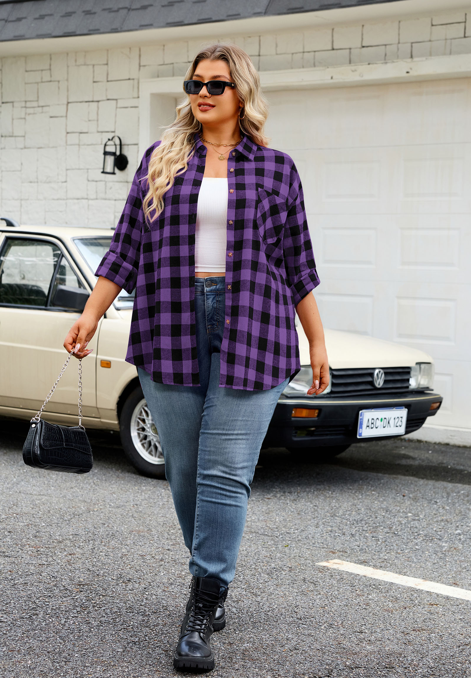 Womens Plus Size Flannel Shirts Long Sleeve Button Down Plaid Shirt Roll Up Oversize Checkered Blouse Top Fall C-01 Purple Flannel Shirt