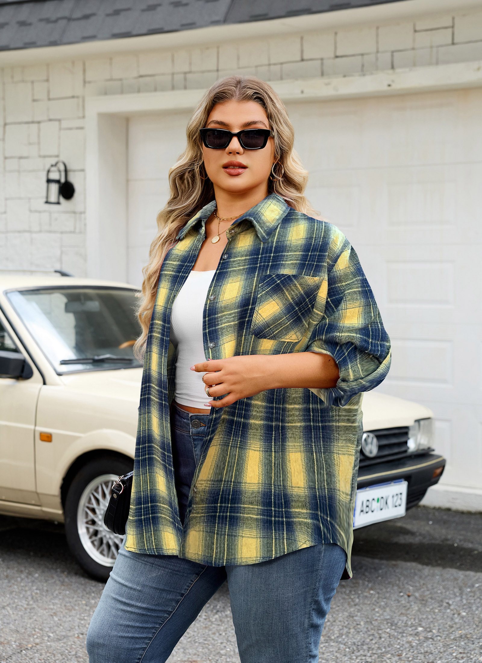 Womens Plus Size Flannel Shirts Long Sleeve Button Down Plaid Shirt Roll Up Oversize Checkered Blouse Top Fall G-01 Yellow Flannel Shirt