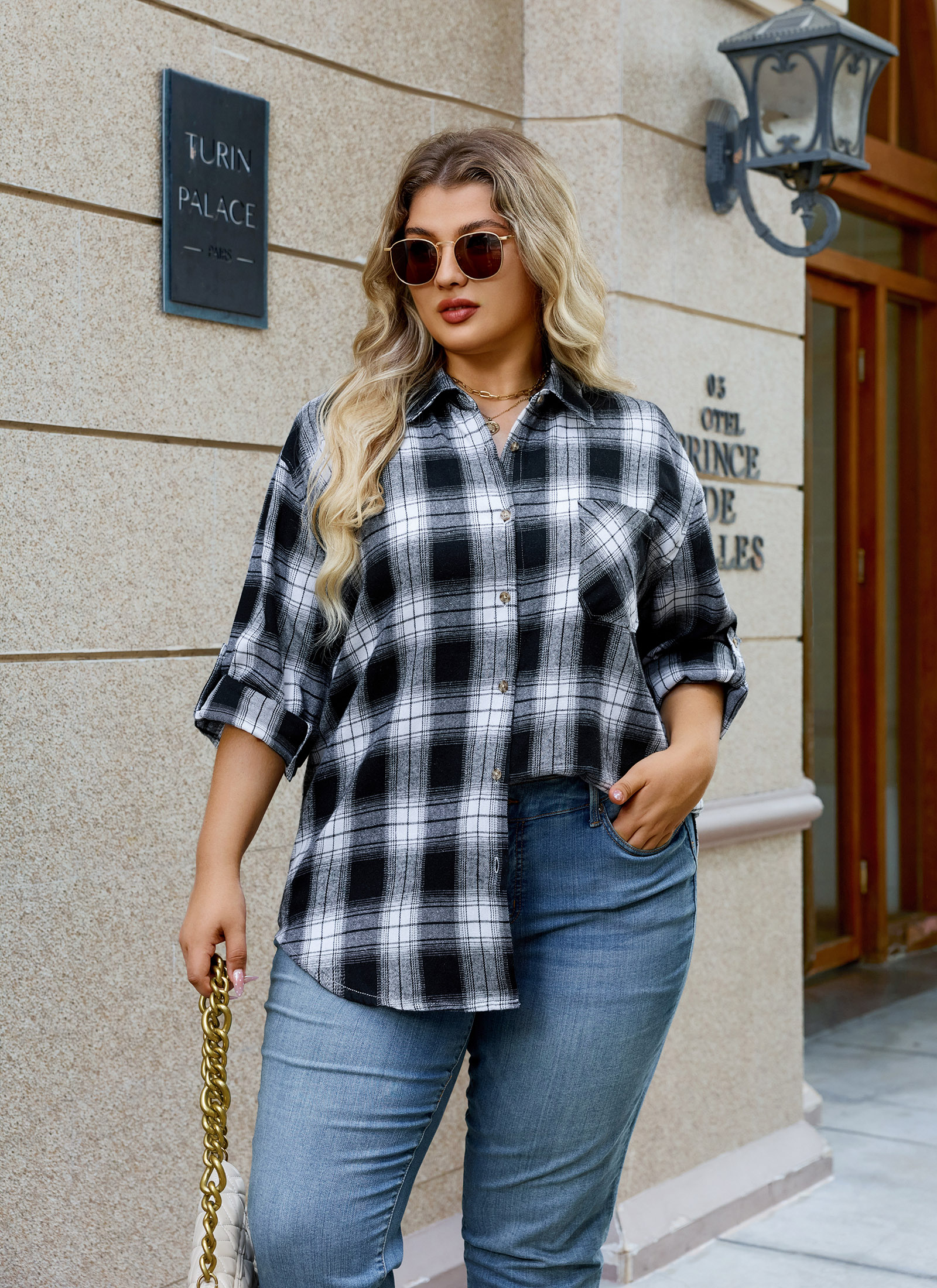 Womens Plus Size Flannel Shirts Long Sleeve Button Down Plaid Shirt Roll Up Oversize Checkered Blouse Top Fall B-01 Black White Plaid Shirt