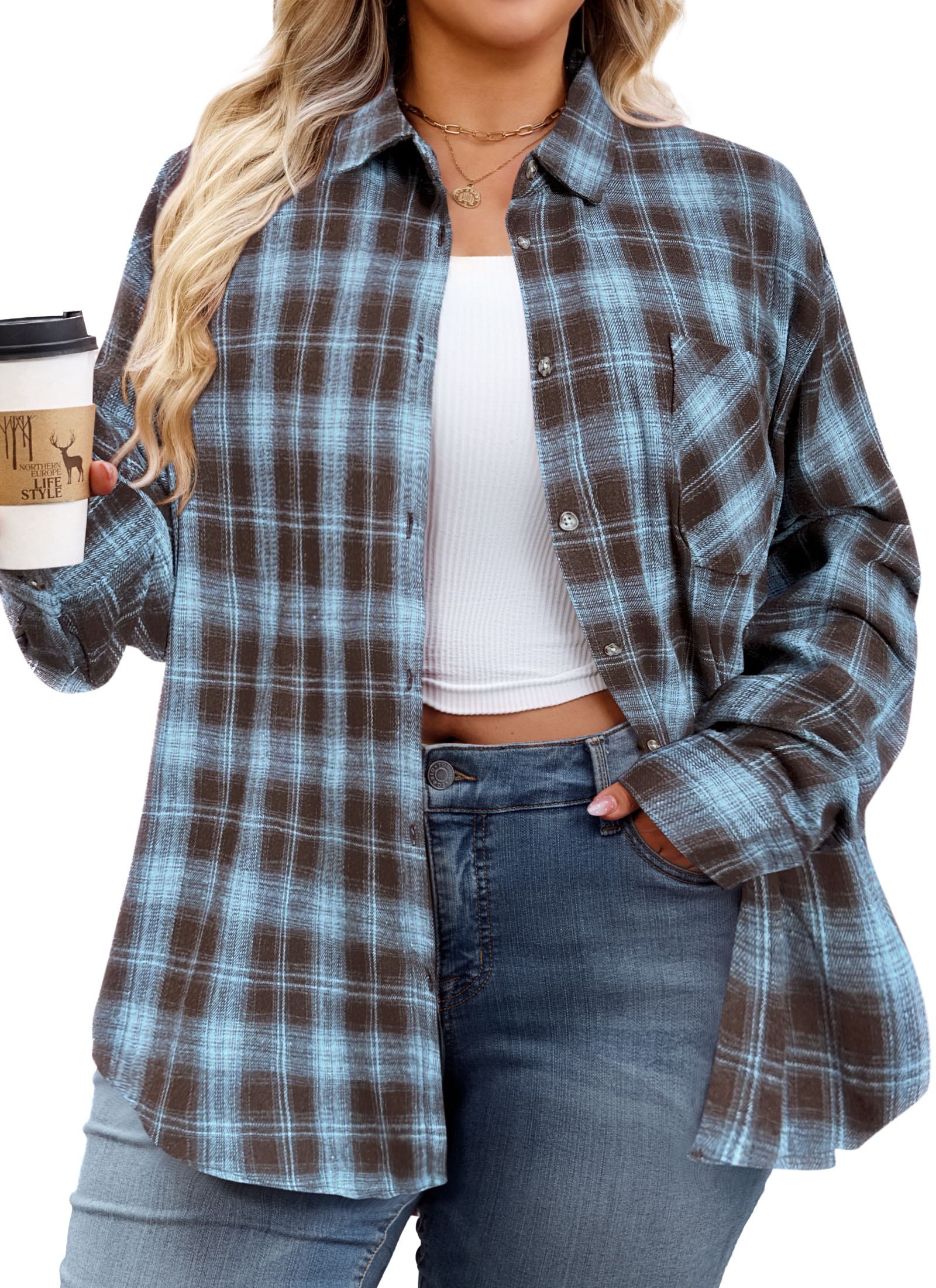 Womens Plus Size Flannel Shirts Long Sleeve Button Down Plaid Shirt Roll Up Oversize Checkered Blouse Top Fall H-01 Brown Blue Plaid Shirts