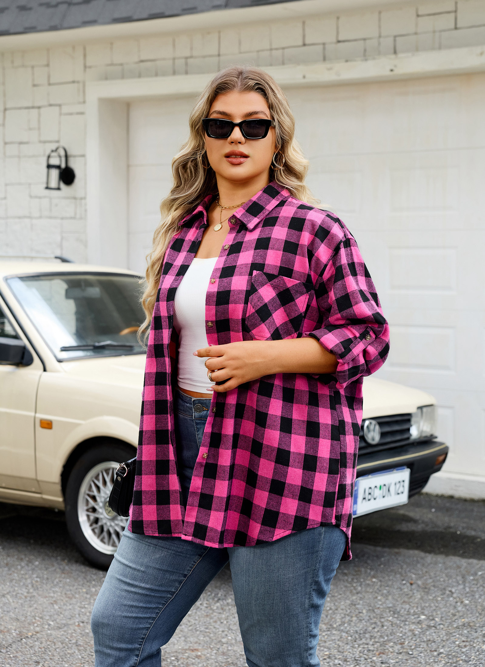 Womens Plus Size Flannel Shirts Long Sleeve Button Down Plaid Shirt Roll Up Oversize Checkered Blouse Top Fall A-03 Hot Pink Flannel Plaid Shirt