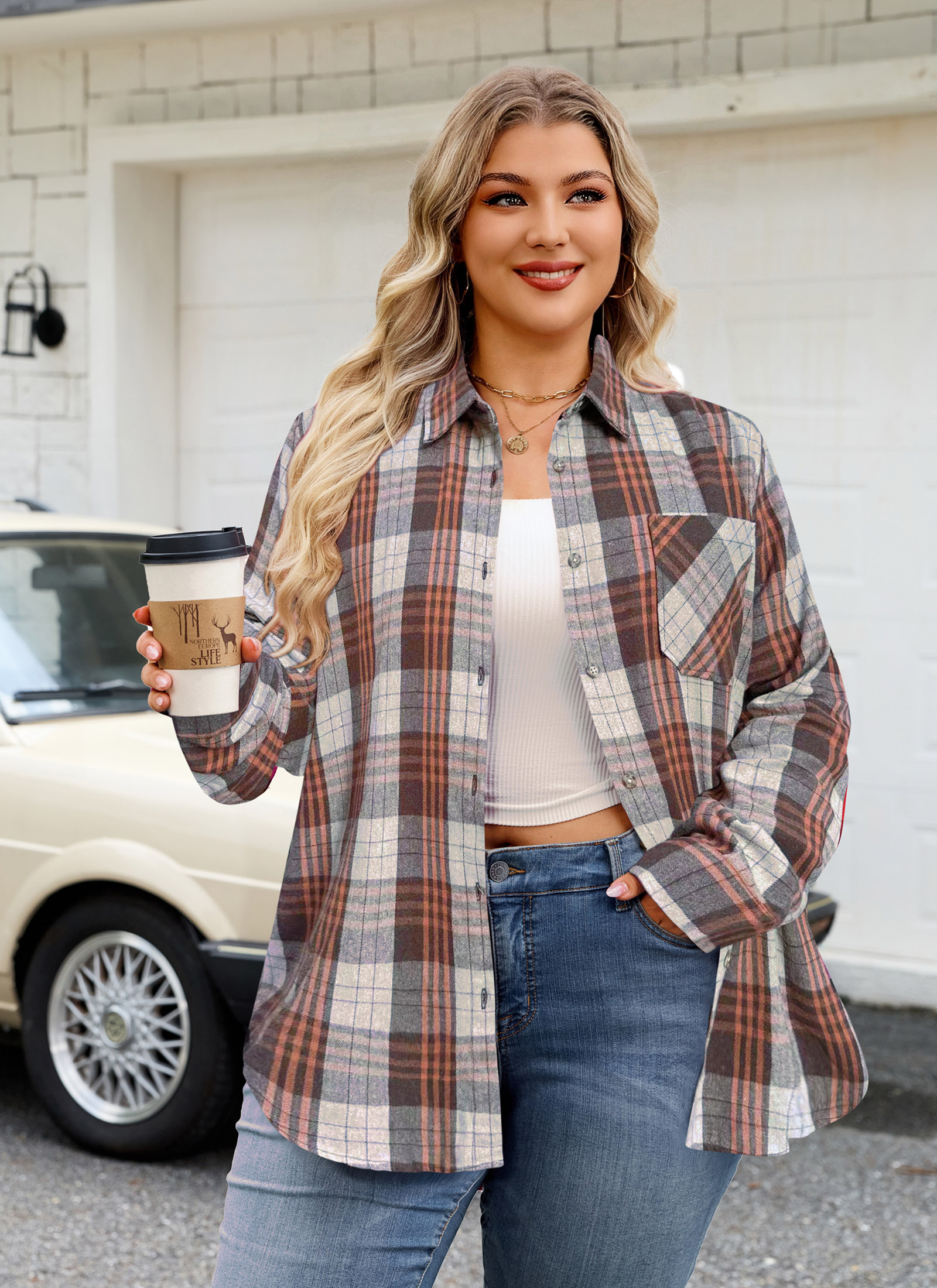 Womens Plus Size Flannel Shirts Long Sleeve Button Down Plaid Shirt Roll Up Oversize Checkered Blouse Top Fall G-02 Brown Plaid Shirts