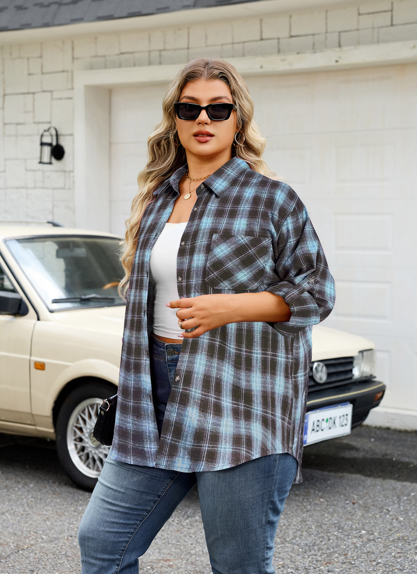 Womens Plus Size Flannel Shirts Long Sleeve Button Down Plaid Shirt Roll Up Oversize Checkered Blouse Top Fall H-01 Brown Blue Plaid Shirts