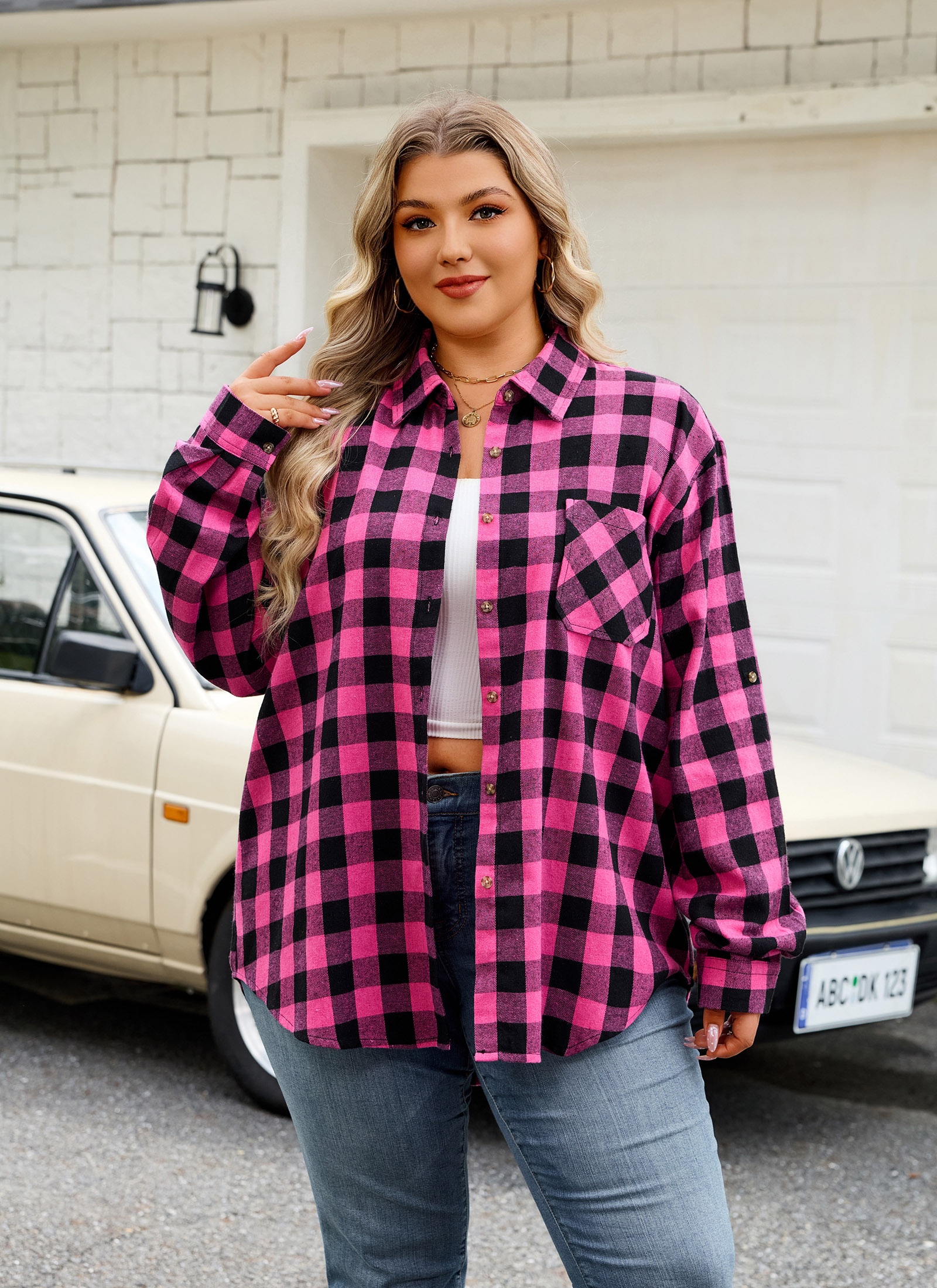 Womens Plus Size Flannel Shirts Long Sleeve Button Down Plaid Shirt Roll Up Oversize Checkered Blouse Top Fall A-03 Hot Pink Flannel Plaid Shirt