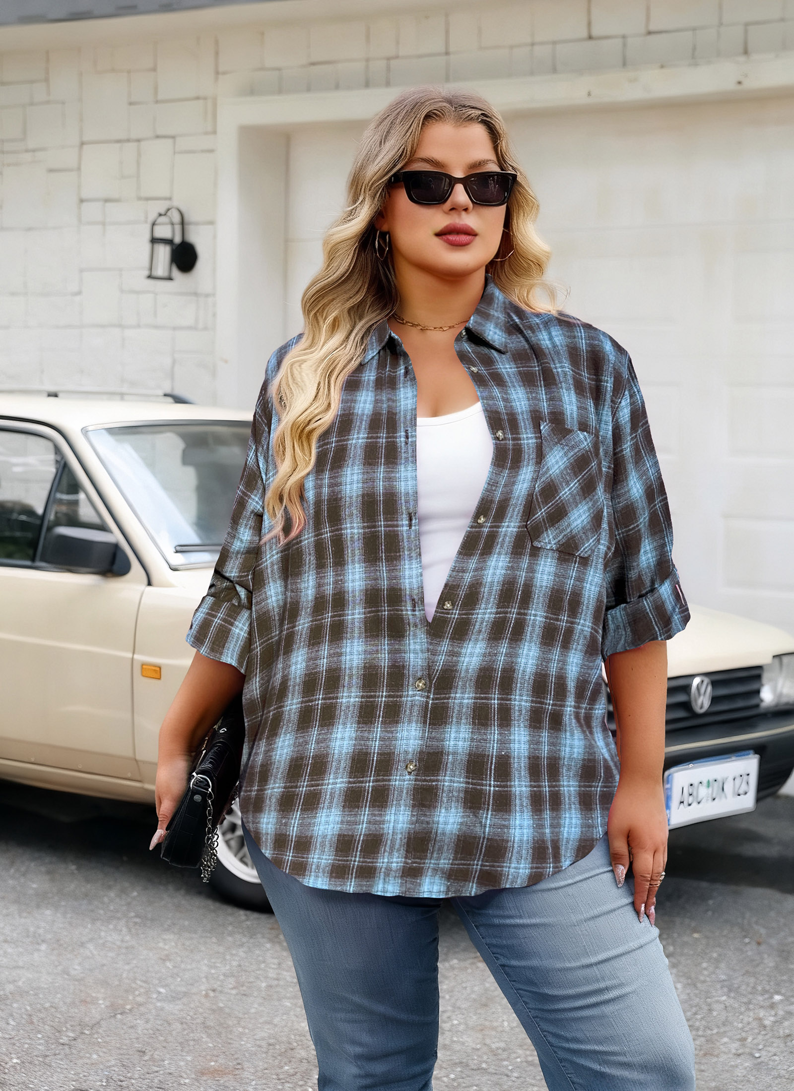 Womens Plus Size Flannel Shirts Long Sleeve Button Down Plaid Shirt Roll Up Oversize Checkered Blouse Top Fall H-01 Brown Blue Plaid Shirts