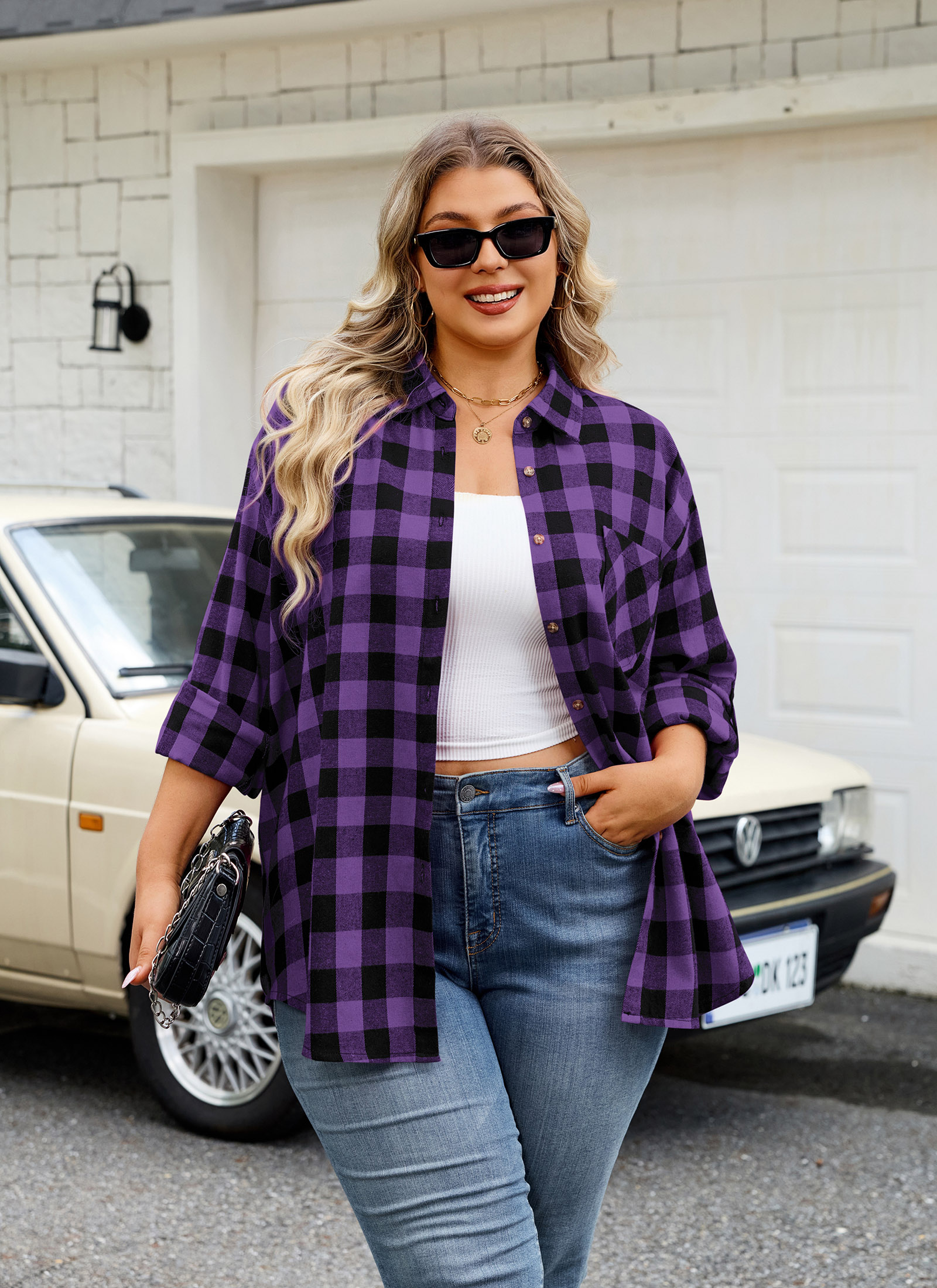 Womens Plus Size Flannel Shirts Long Sleeve Button Down Plaid Shirt Roll Up Oversize Checkered Blouse Top Fall C-01 Purple Flannel Shirt