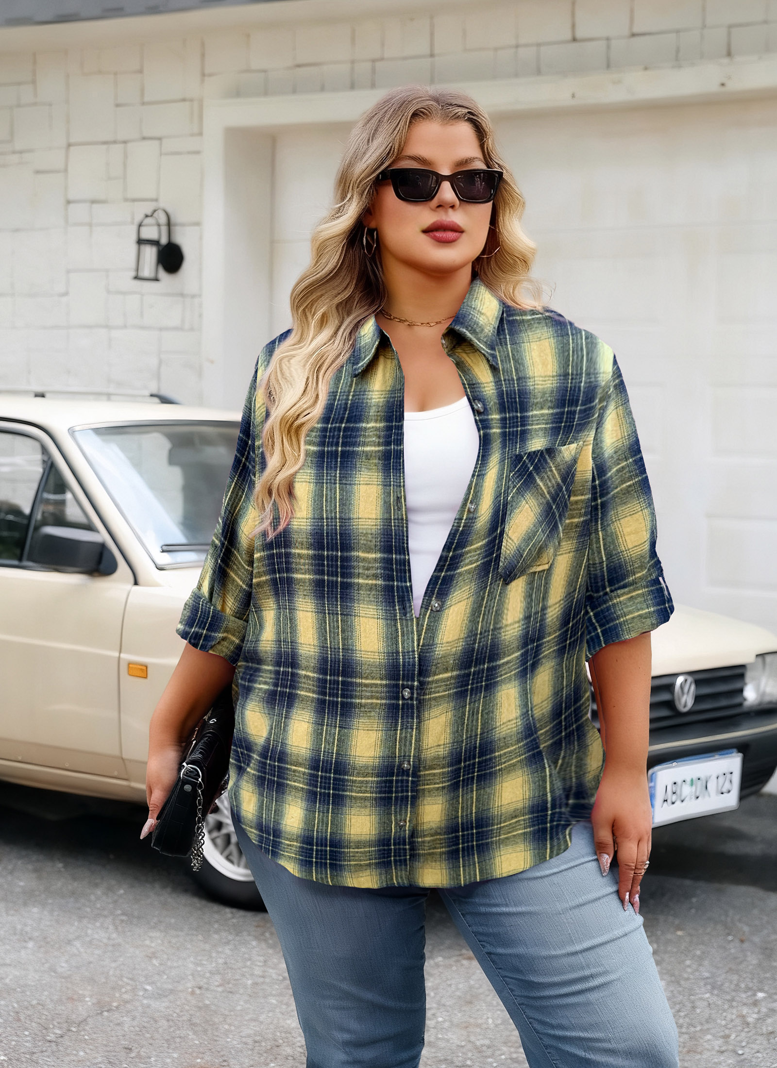 Womens Plus Size Flannel Shirts Long Sleeve Button Down Plaid Shirt Roll Up Oversize Checkered Blouse Top Fall G-01 Yellow Flannel Shirt