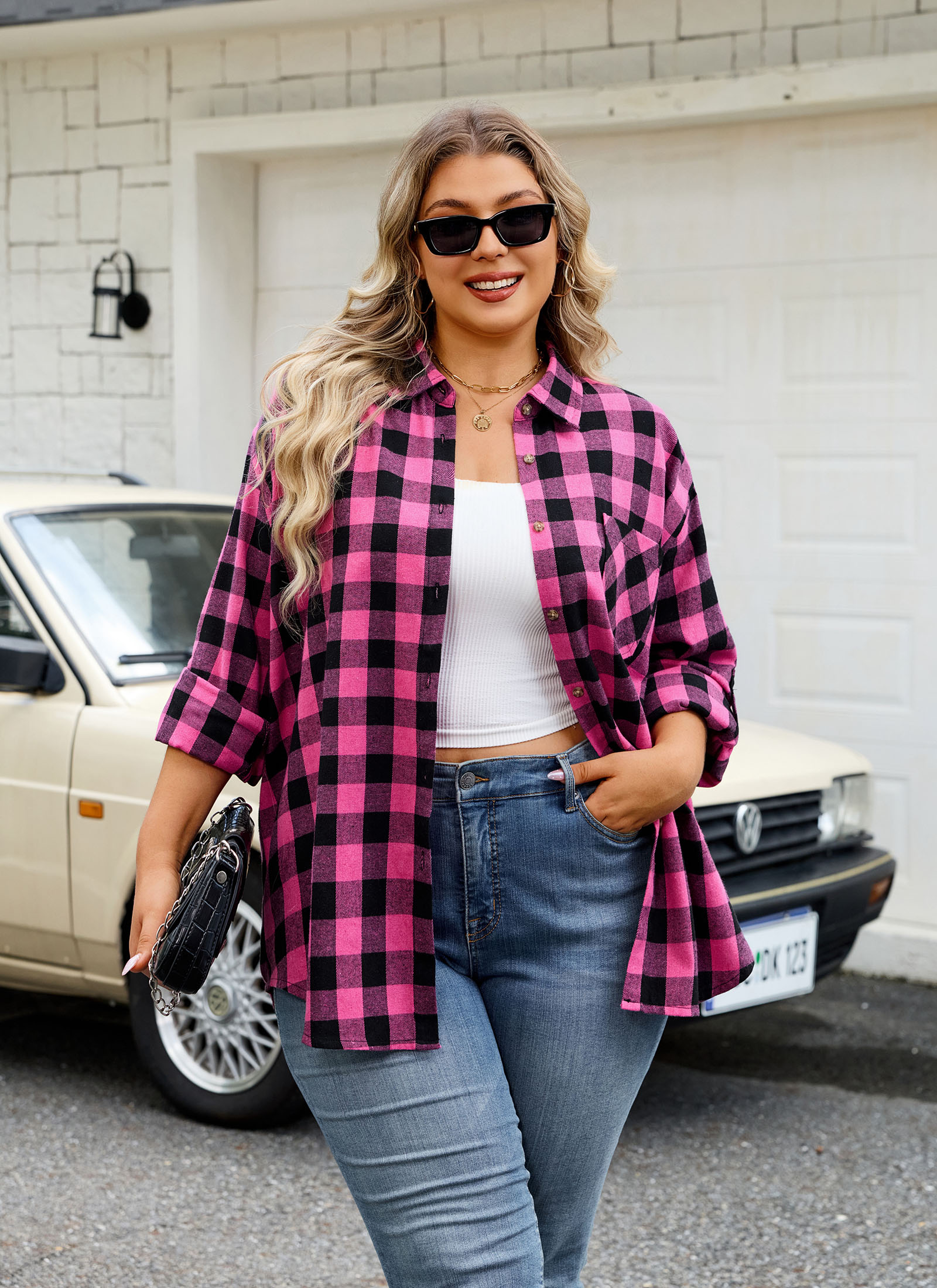 Womens Plus Size Flannel Shirts Long Sleeve Button Down Plaid Shirt Roll Up Oversize Checkered Blouse Top Fall A-03 Hot Pink Flannel Plaid Shirt