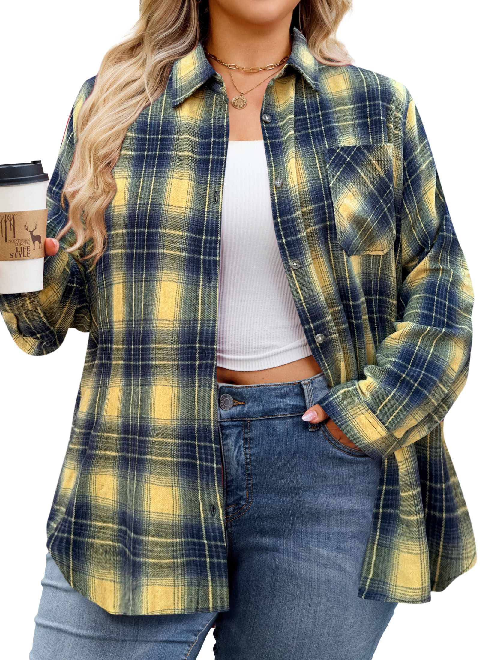 Womens Plus Size Flannel Shirts Long Sleeve Button Down Plaid Shirt Roll Up Oversize Checkered Blouse Top Fall G-01 Yellow Flannel Shirt