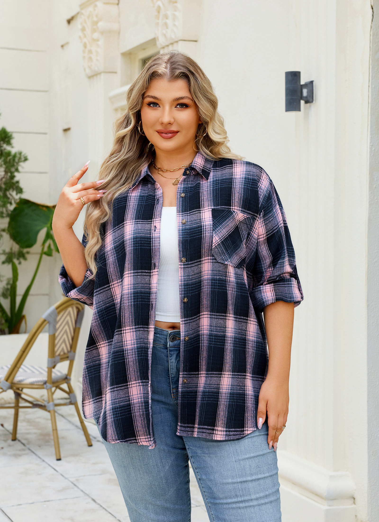 Womens Plus Size Flannel Shirts Long Sleeve Button Down Plaid Shirt Roll Up Oversize Checkered Blouse Top Fall A-01 Pink Flannel Plaid Shirt