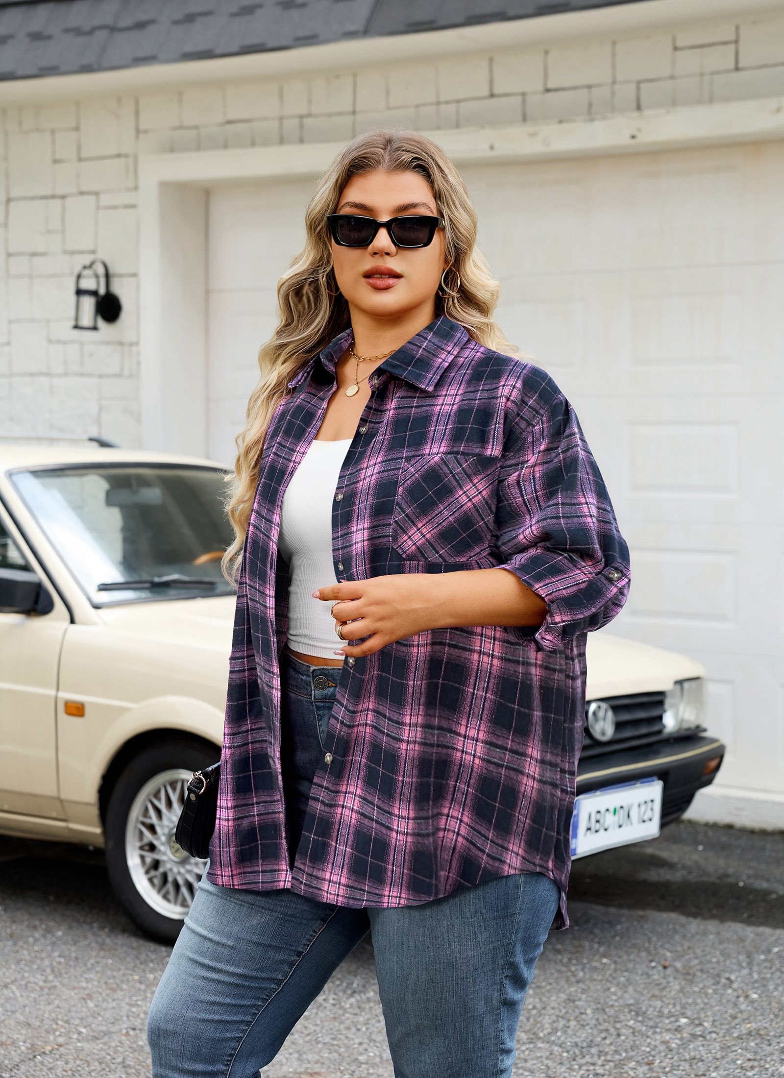 Womens Plus Size Flannel Shirts Long Sleeve Button Down Plaid Shirt Roll Up Oversize Checkered Blouse Top Fall A-02 Pink Navy Blue Plaid Shirt