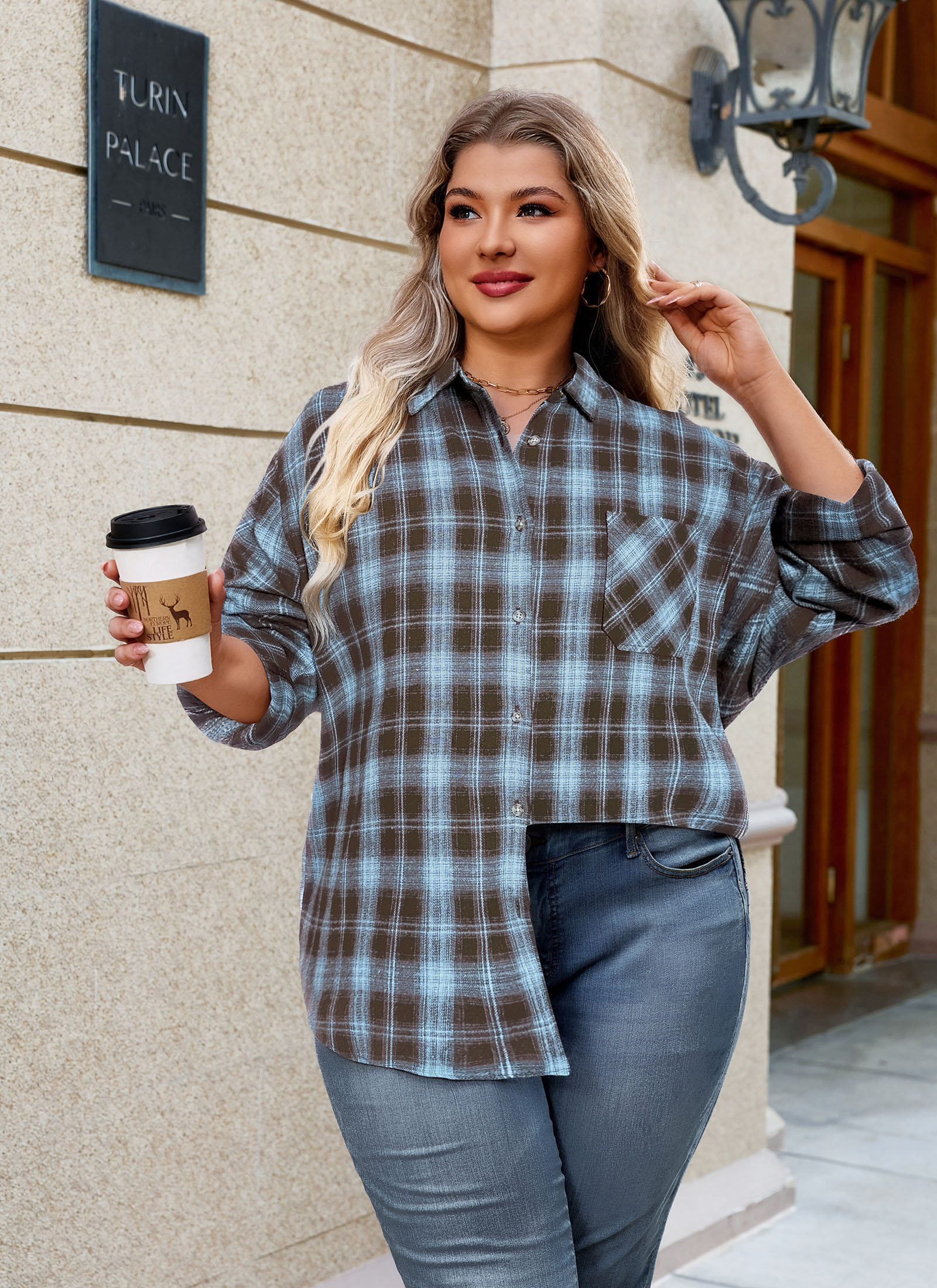 Womens Plus Size Flannel Shirts Long Sleeve Button Down Plaid Shirt Roll Up Oversize Checkered Blouse Top Fall H-01 Brown Blue Plaid Shirts
